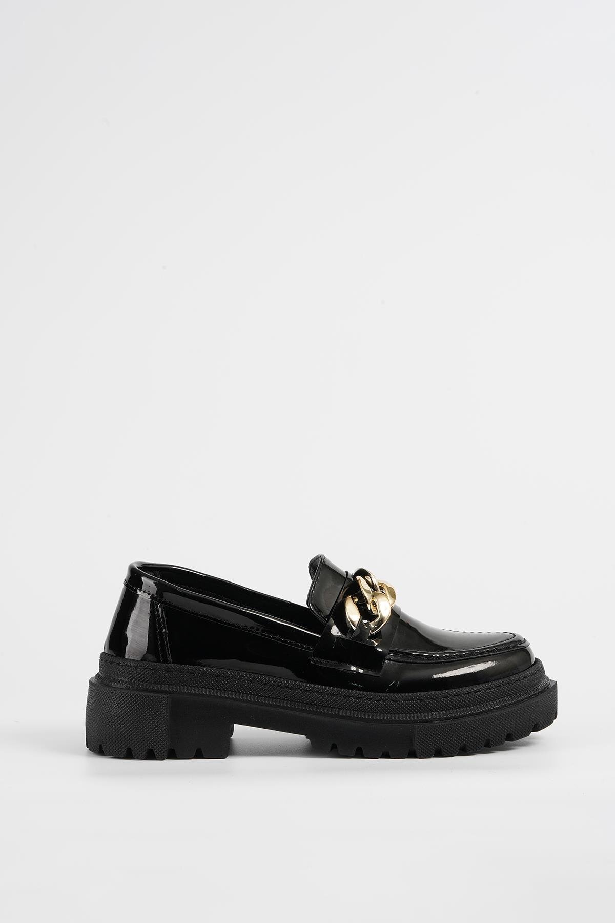 Beyond Kadın Siyah Rugan Zincirli Kalın Taban Loafer Makosen Ayakkabı 4,5cm Byndlfrk02 görsel 7