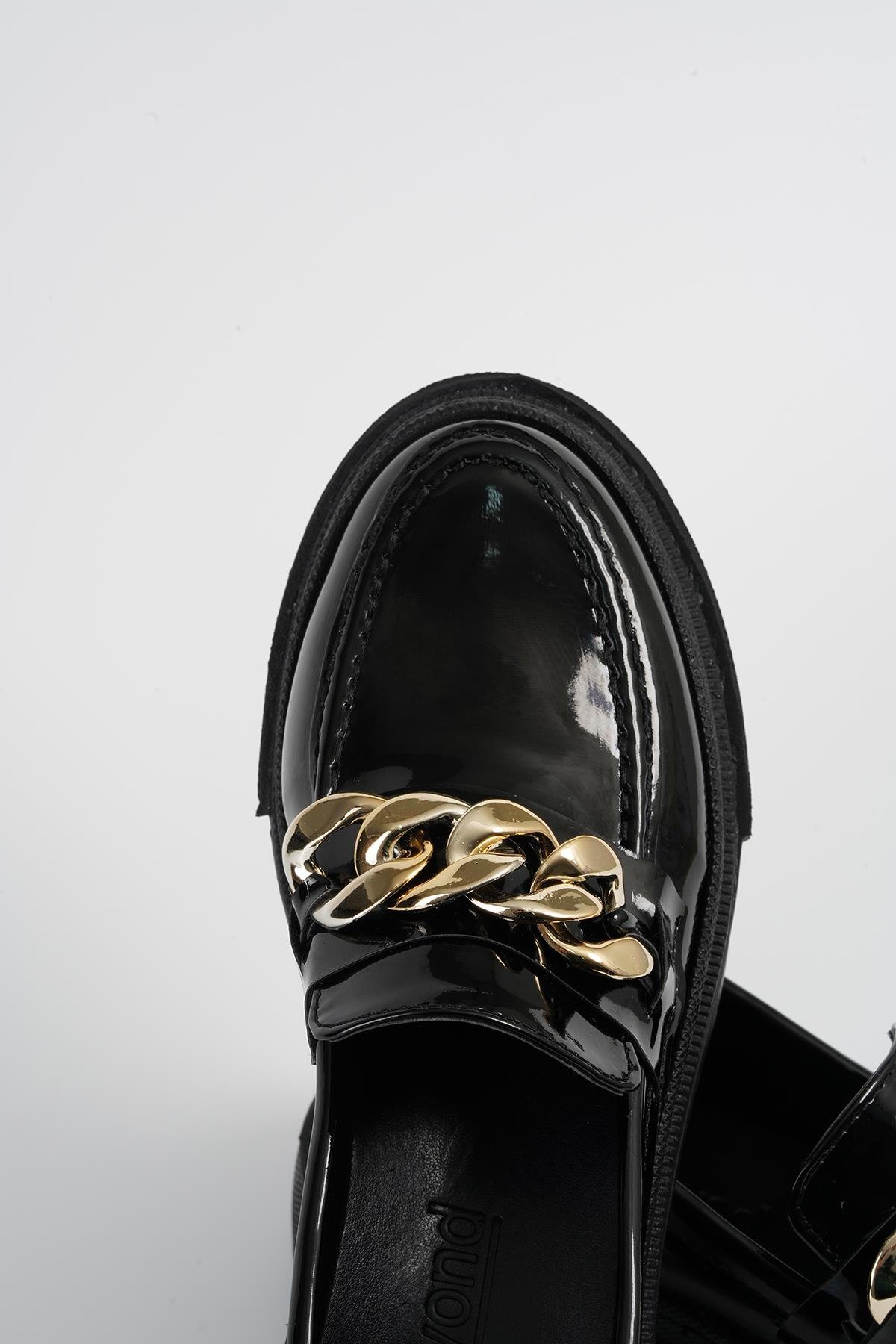 Beyond Kadın Siyah Rugan Zincirli Kalın Taban Loafer Makosen Ayakkabı 4,5cm Byndlfrk02 görsel 6