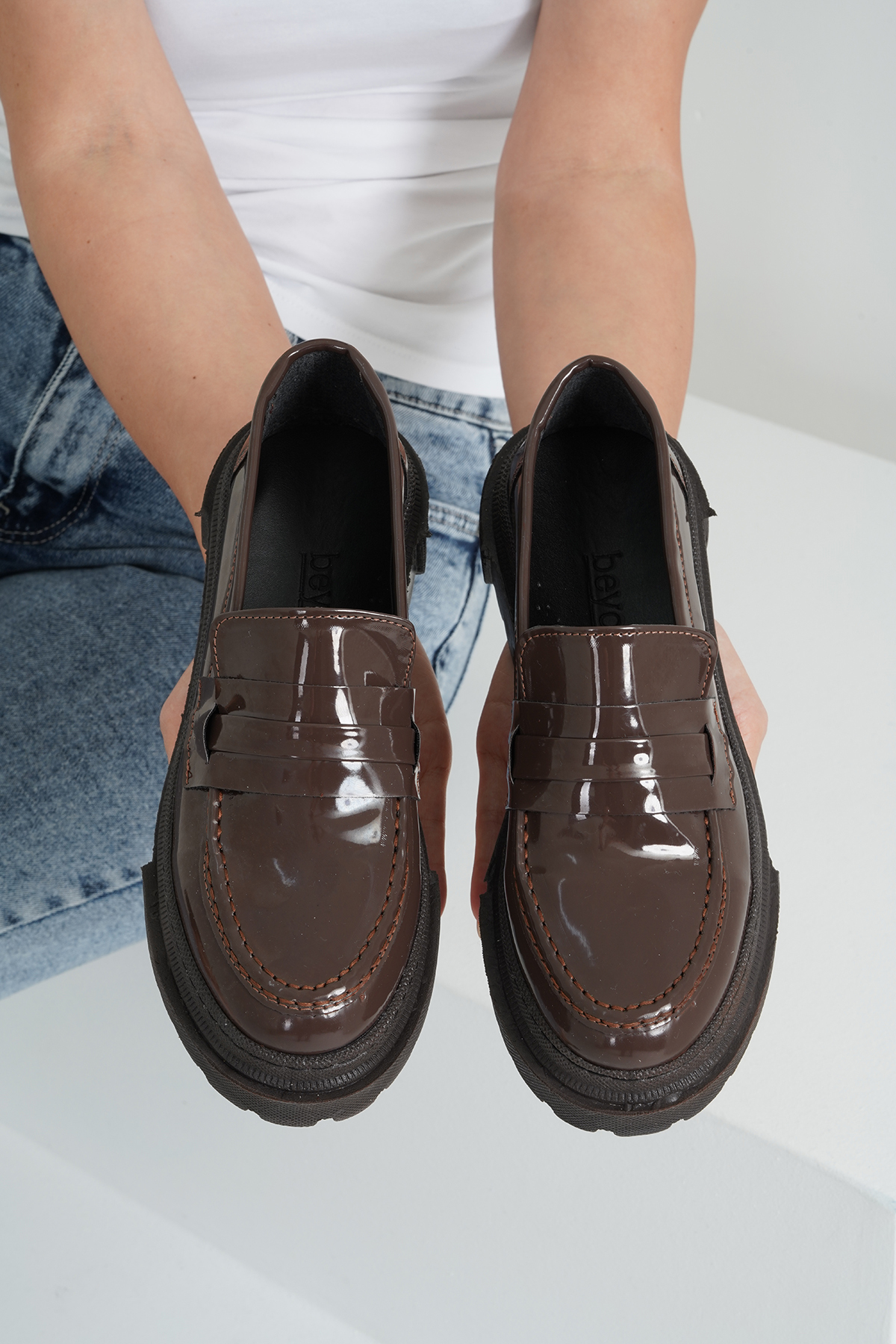 Beyond Kadın Kahverengi Rugan Corteko Kalın Taban Loafer Makosen Ayakkabı 4,5cm BYNDLFRK02