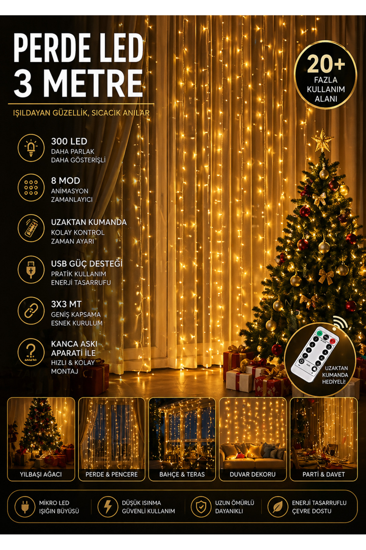 nextbuy Perde Led 3x3m Kumandalı 8 Fonksiyonlu 300 Led 10 Sarkıtlı