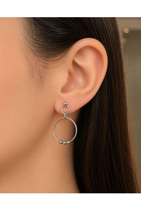 Metay Silver Taşsız İki Halkalı Sallantı Modern 925 Ayar Gümüş Küpe