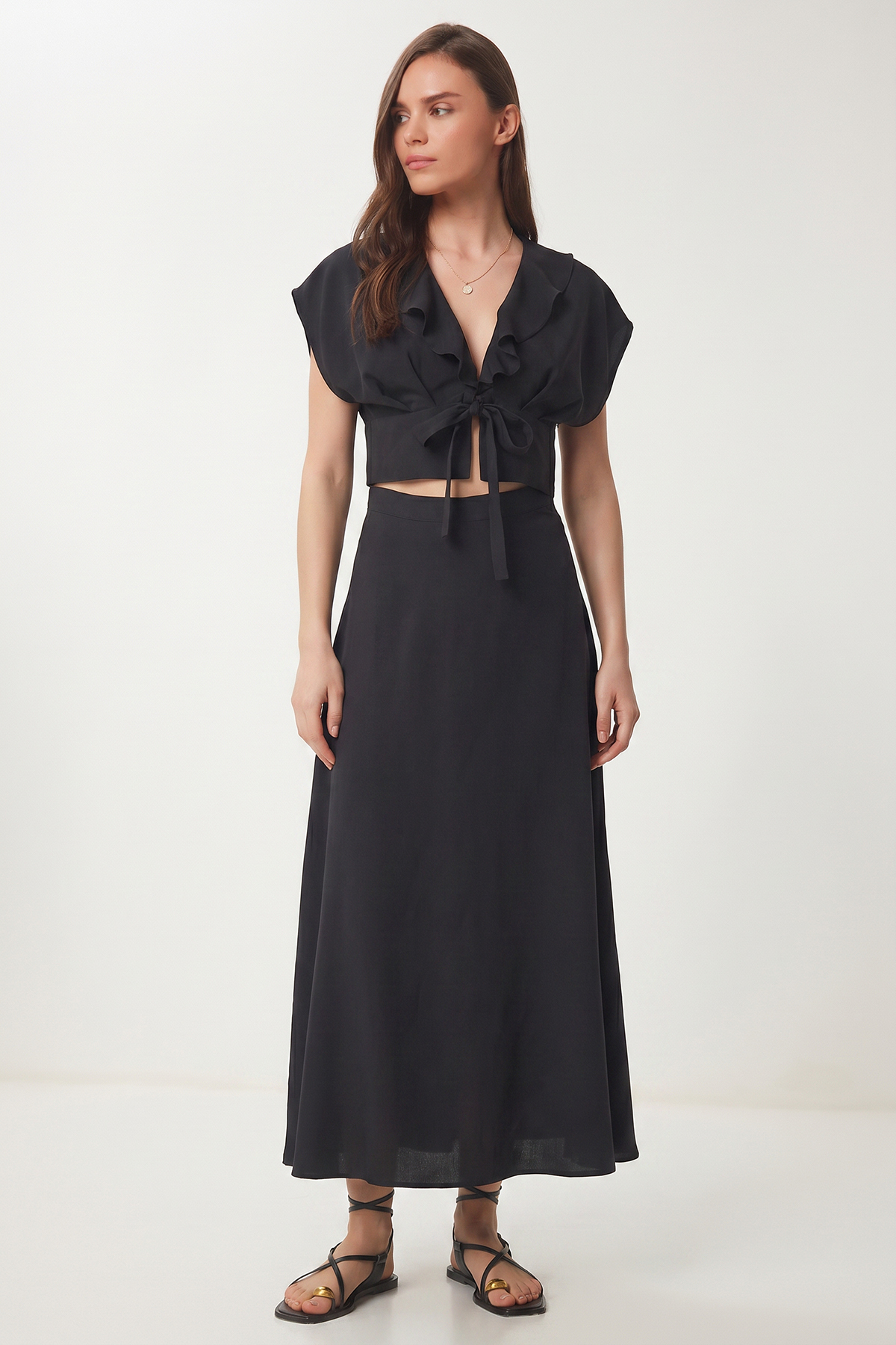 Tie Detailed Modal Blouse Skirt Set LGX0008 BLACK