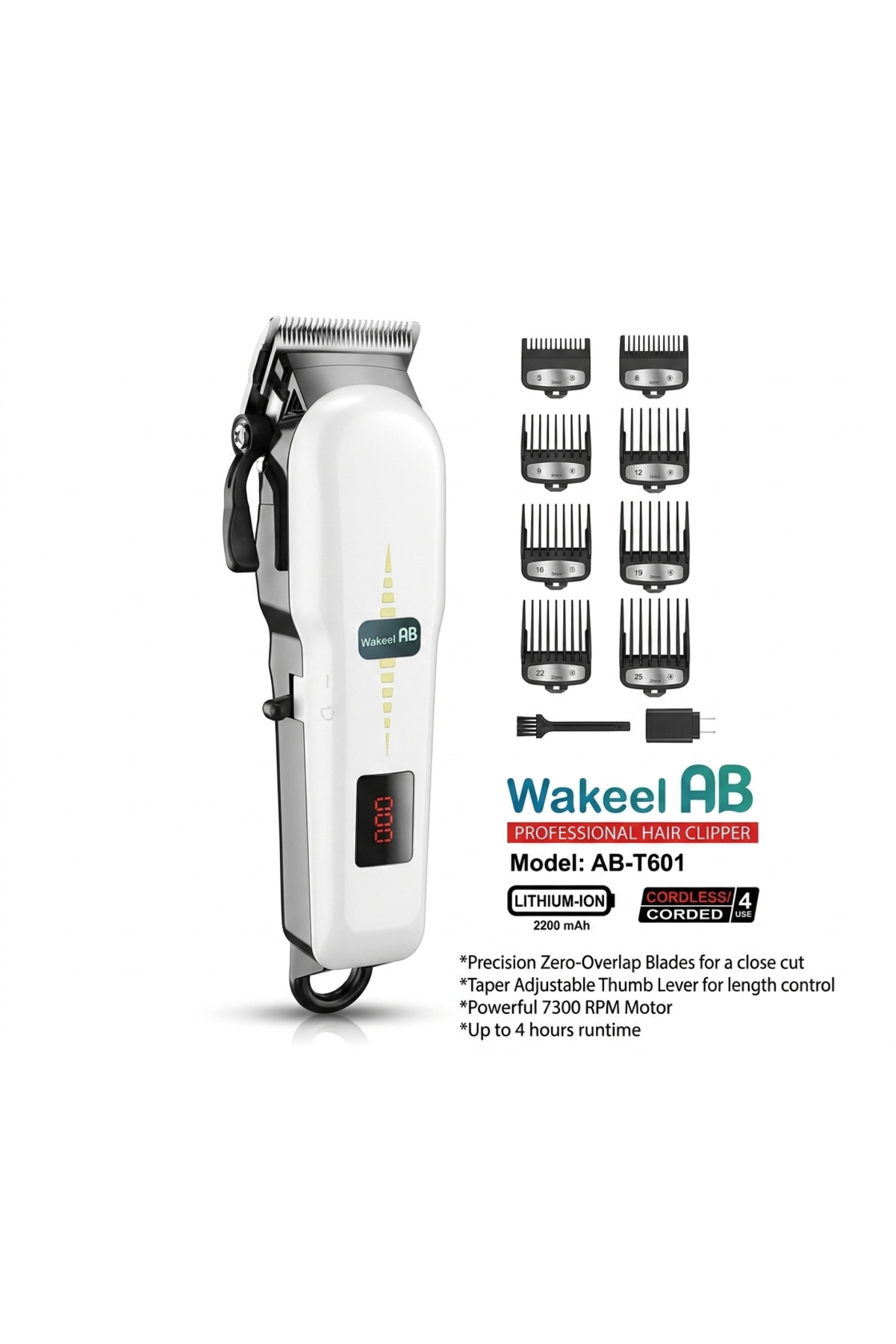 Wakeel AB Professional Cordless Hair Clipper, Model AB-T601 - Heavy Duty 7300 RPM Motor, DLC Coated Precision Blades, 2200mAh Lithium-Ion Battery with 4-Hour Runtime and Digital LED Display, SS123456798,