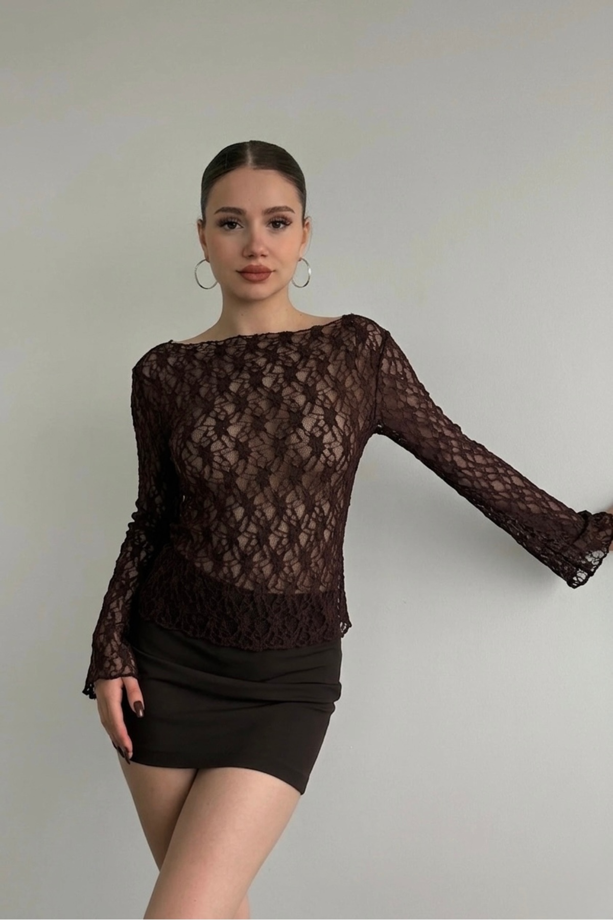 ModaYaren Kadın Kayık Yaka Dantelli Trompet Kol Bluz -3RTM-88105 görsel 2