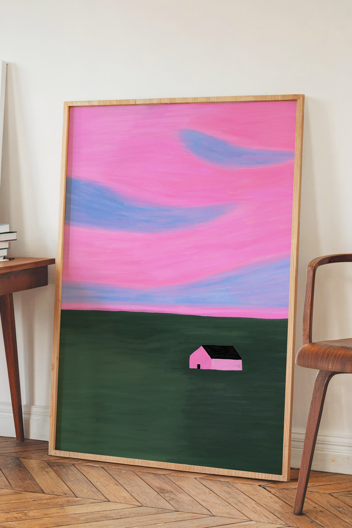 Minimal Ev Manzara Tablo Poster Pembe Gökyüzü Modern Sanat Duvar Dekoru Çerçevesiz