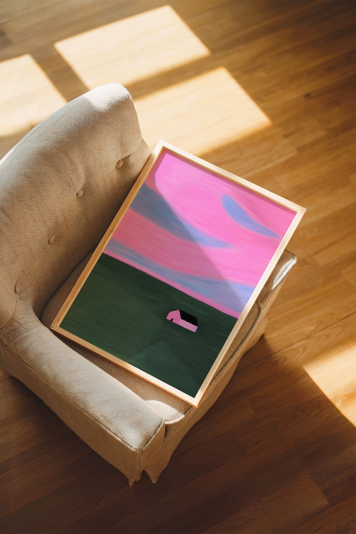Minimal Ev Manzara Tablo Poster Pembe Gökyüzü Modern Sanat Duvar Dekoru Çerçevesiz