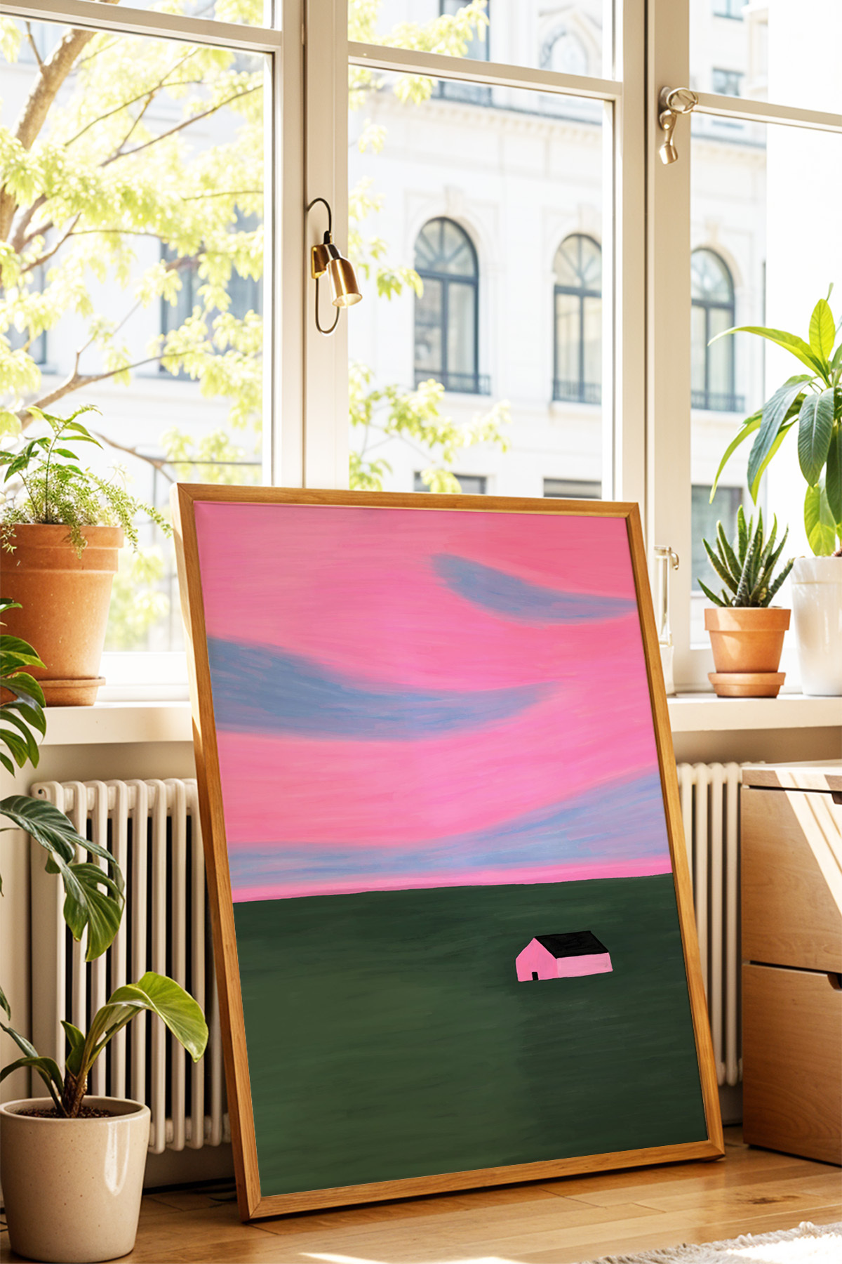 Minimal Ev Manzara Tablo Poster Pembe Gökyüzü Modern Sanat Duvar Dekoru Çerçevesiz