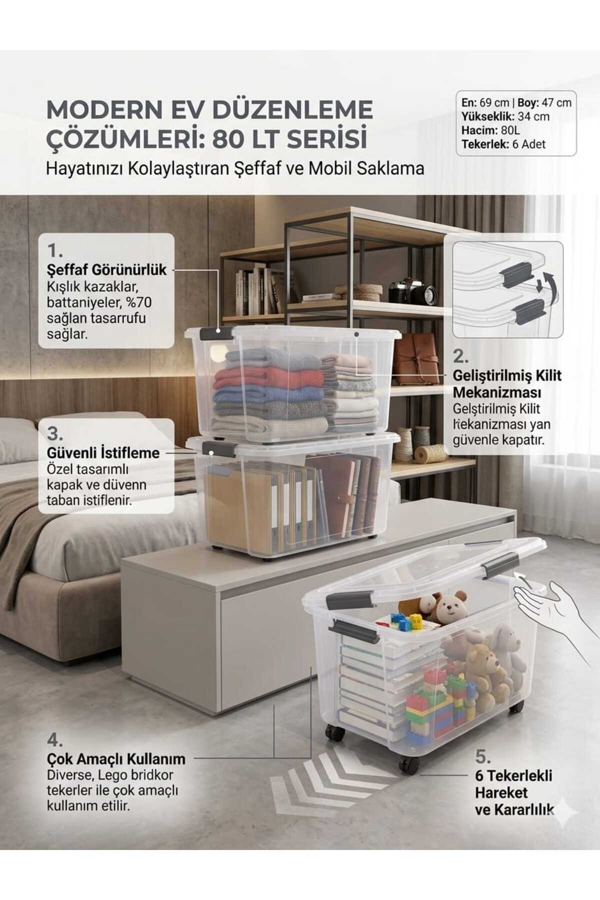 ZİVORA 4 Adet 80 LT 6 Tekerlekli Kilitli Saklama Kutusu Şeffaf