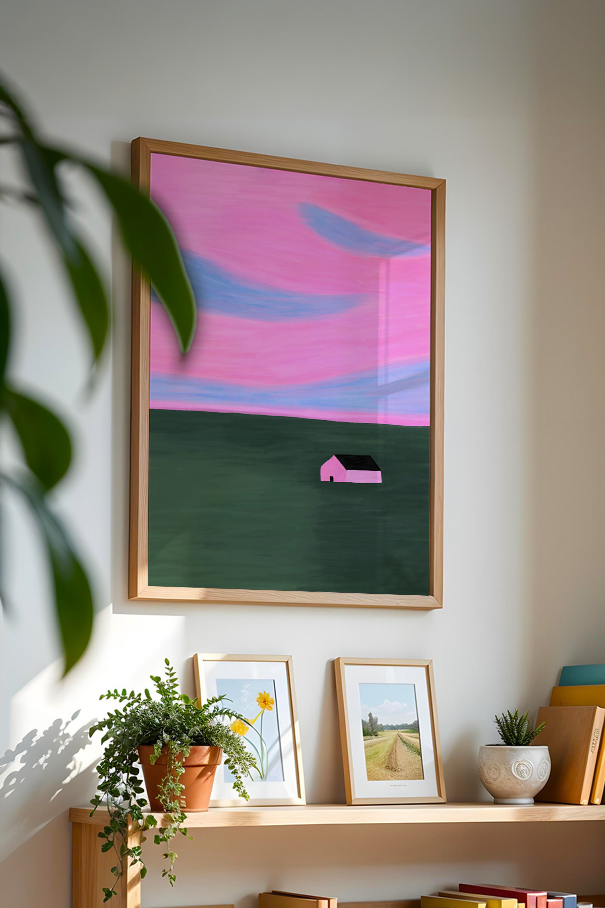 Minimal Ev Manzara Tablo Poster Pembe Gökyüzü Modern Sanat Duvar Dekoru Çerçevesiz