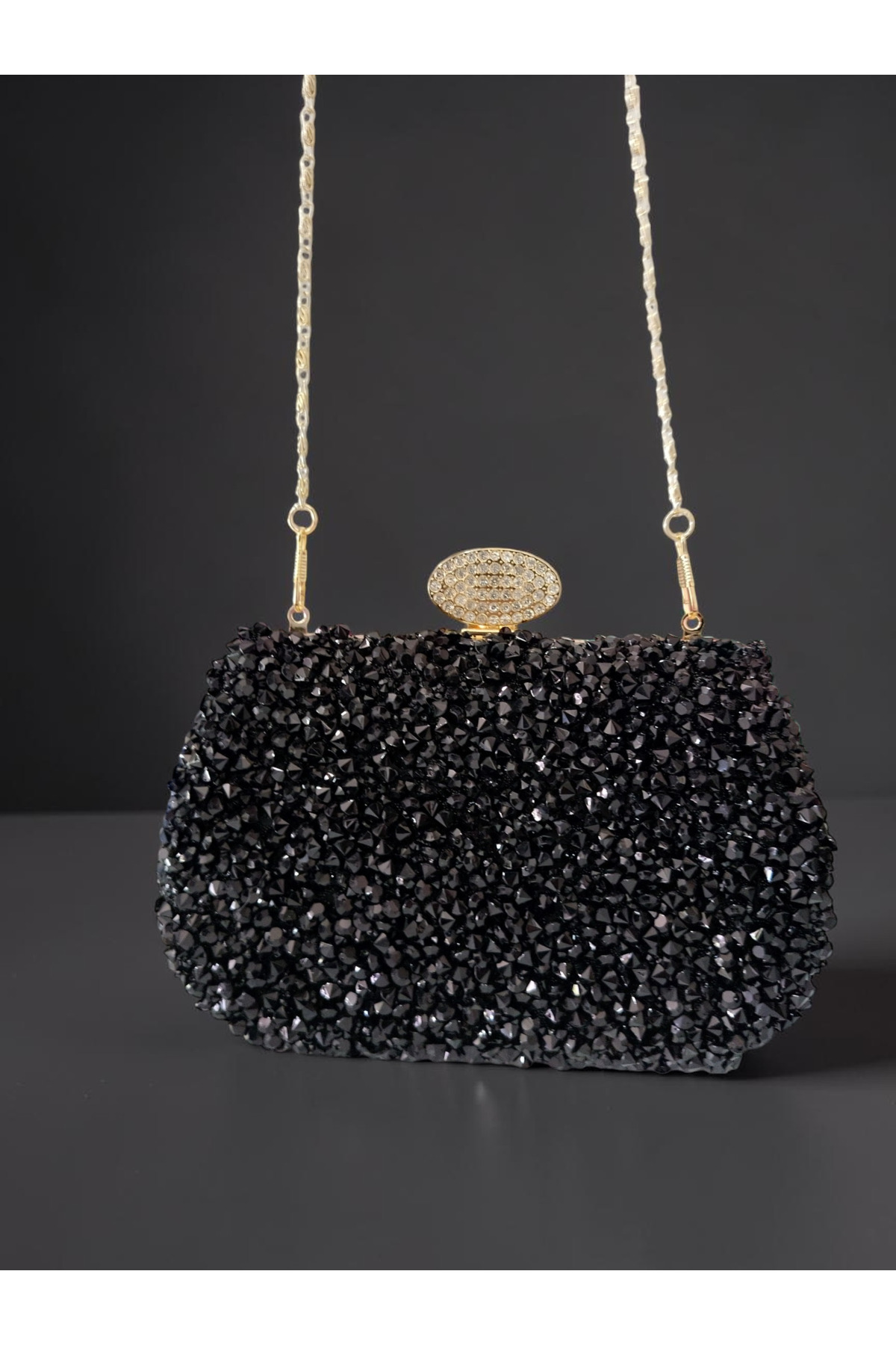 Dilora Kadın Kristal Taşlı Abiye Çanta Clutch Portföy Zincir Askılı Parlak Gece Davet Düğün Nişan Çantası (Gümüş - Siyah - Antrasit) görsel 4