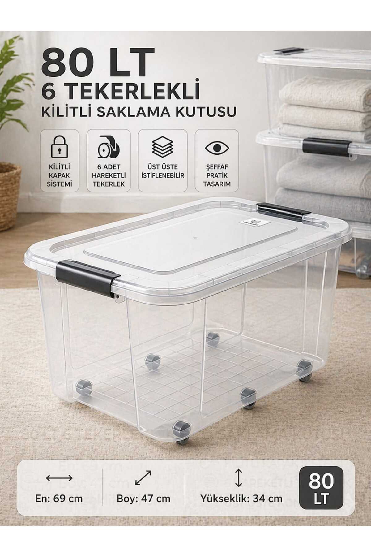 ZİVORA 80 LT 6 Tekerlekli Kilitli Saklama Kutusu Şeffaf Mega Boy
