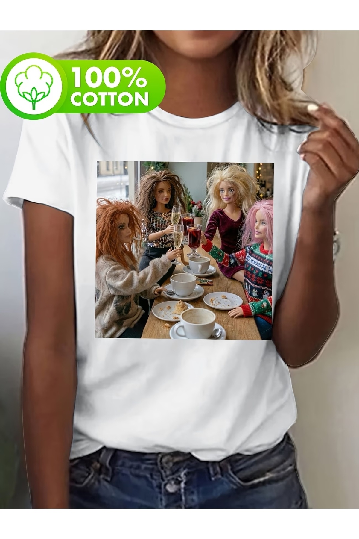 AEMİ Unisex Barbie Bebekler Baskılı Oversize Bisiklet Yaka T-shirt