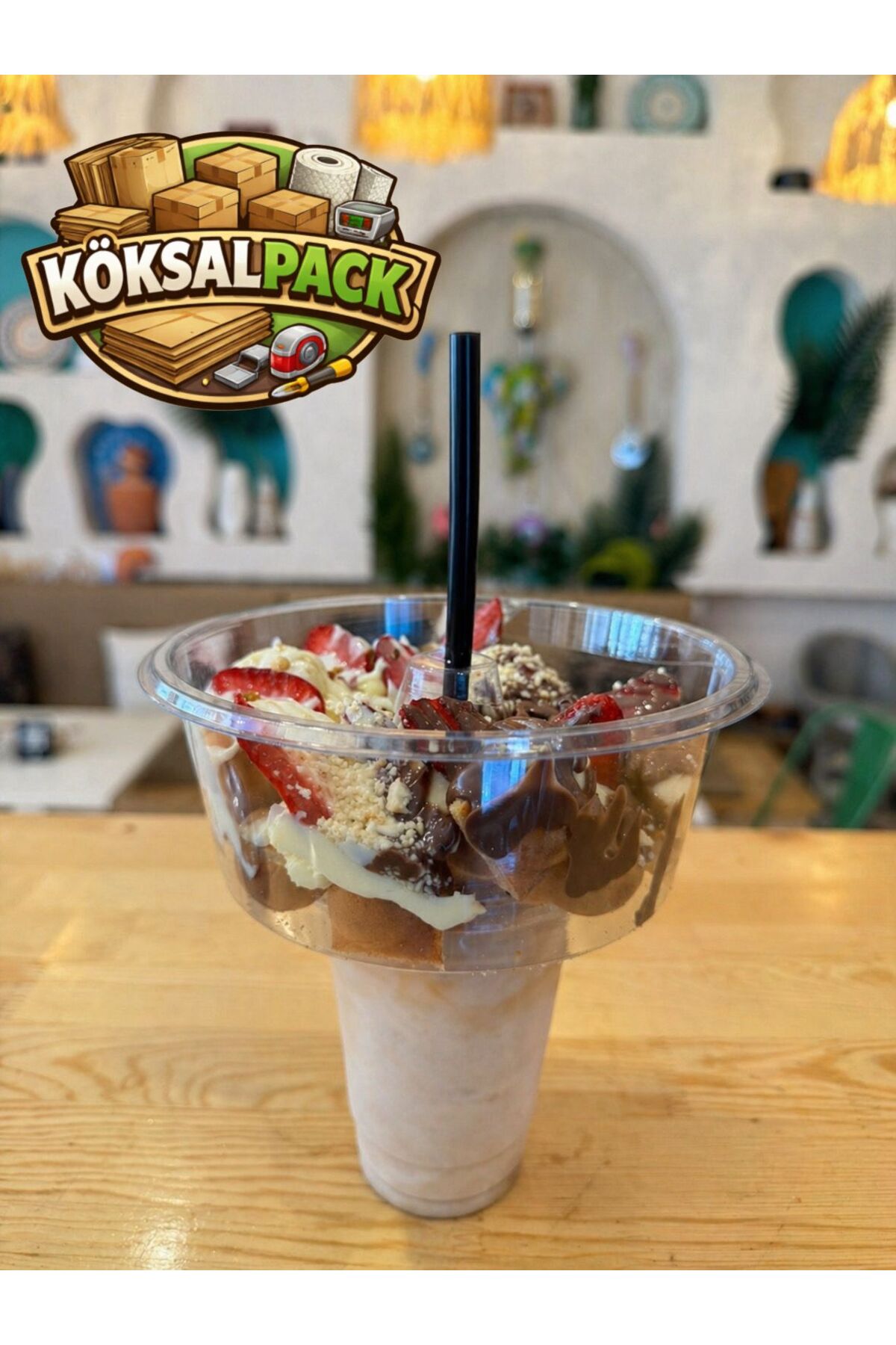 20 Kapak + 400 CC 20 Bardak + 20 Pipet Pratik Sunum Seti | Çift Katlı Tatlı & İçecek Sunum Aparatı | Waffle, Smoothie, Meyve Sunum Bardağı — Koksal Pack — Plastik Bardak (3)