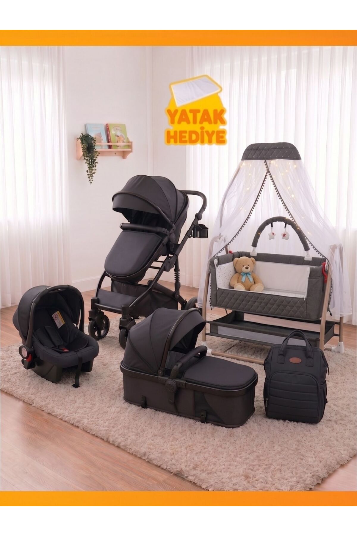 modabebekler 9 Parça Bebek Seti Şık Konforlu Anne Yanı Beşik Travel Sistem Bebek Arabası Oto Koltuğu Çanta