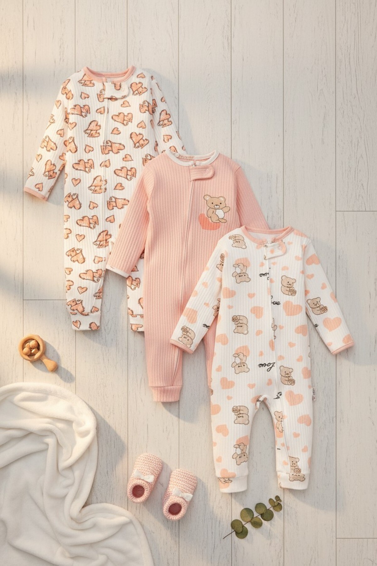 Baby Girl Sleeping Bag 3-Piece Set 9-12-18 Months Zippered Cotton Rib with Teddy Bear Pattern