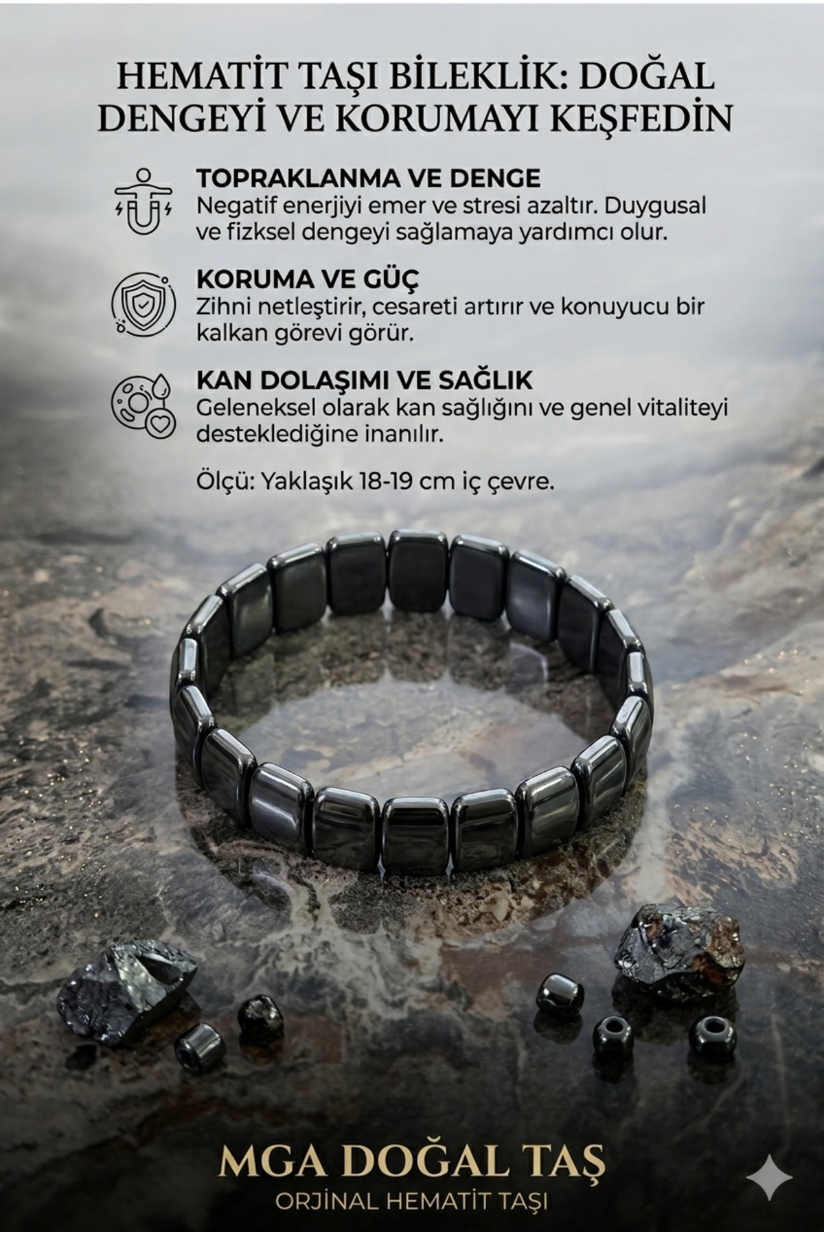 MGA DOĞAL TAŞ Hematit Taşı Bileklik - Kare Hematit - Hematit Bileklik görsel 2