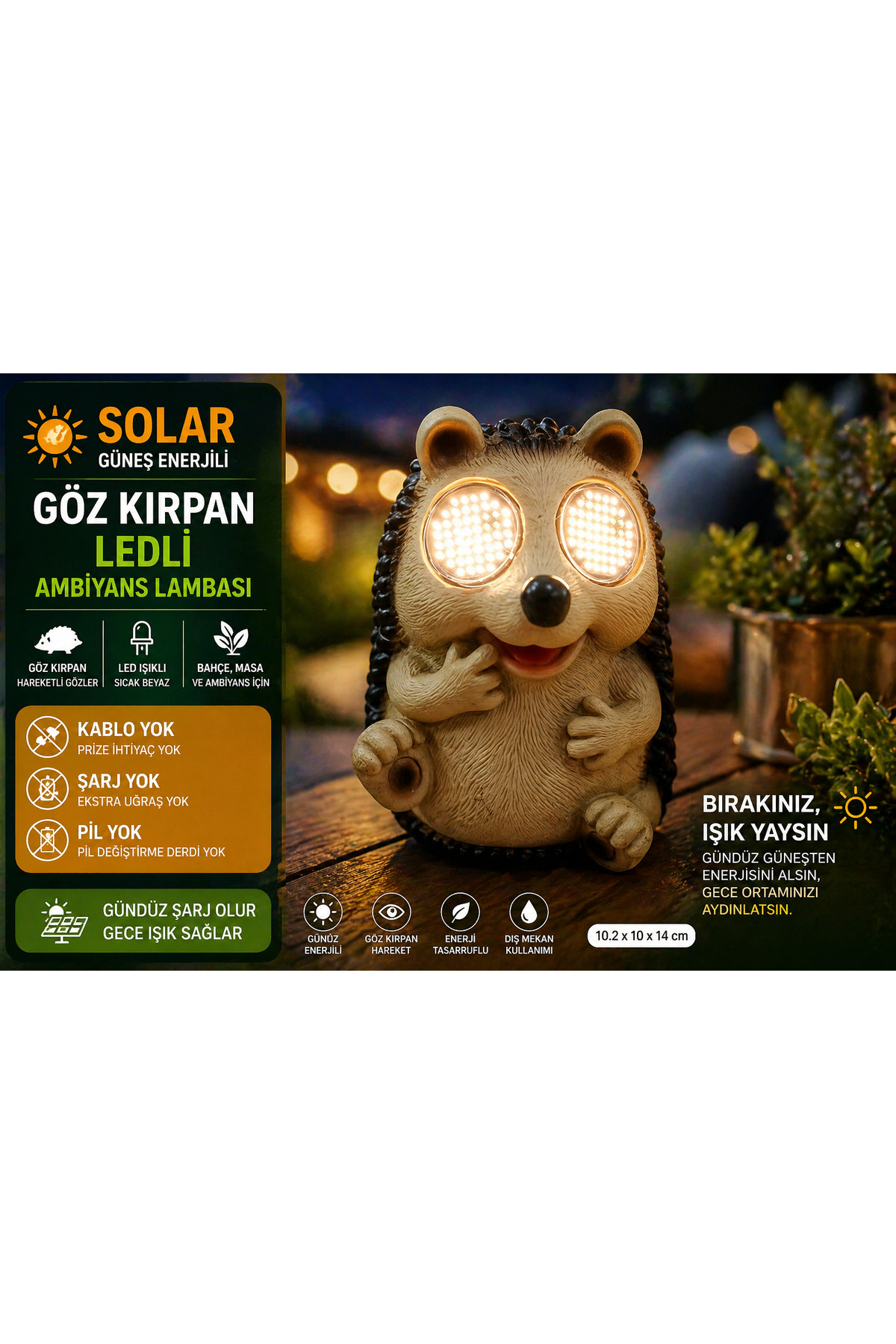 Cherry Solar(Güneş Enerjili) Gözleri Ledli ve Göz Kırpan Kirpi