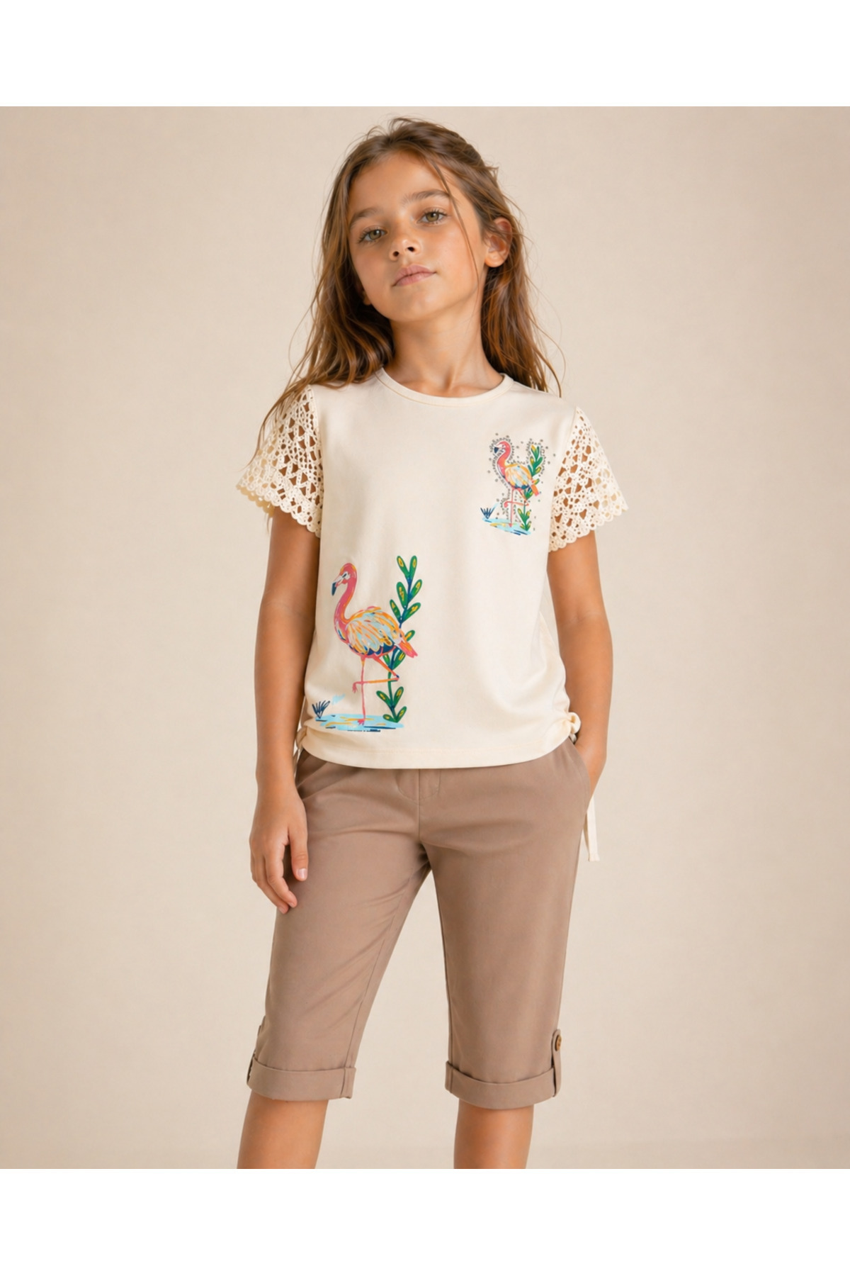 Pançiko Kids Clup Girl's Cream Color Flamingo Printed Lace Sleeve Side Gathered Summer T-Shirt