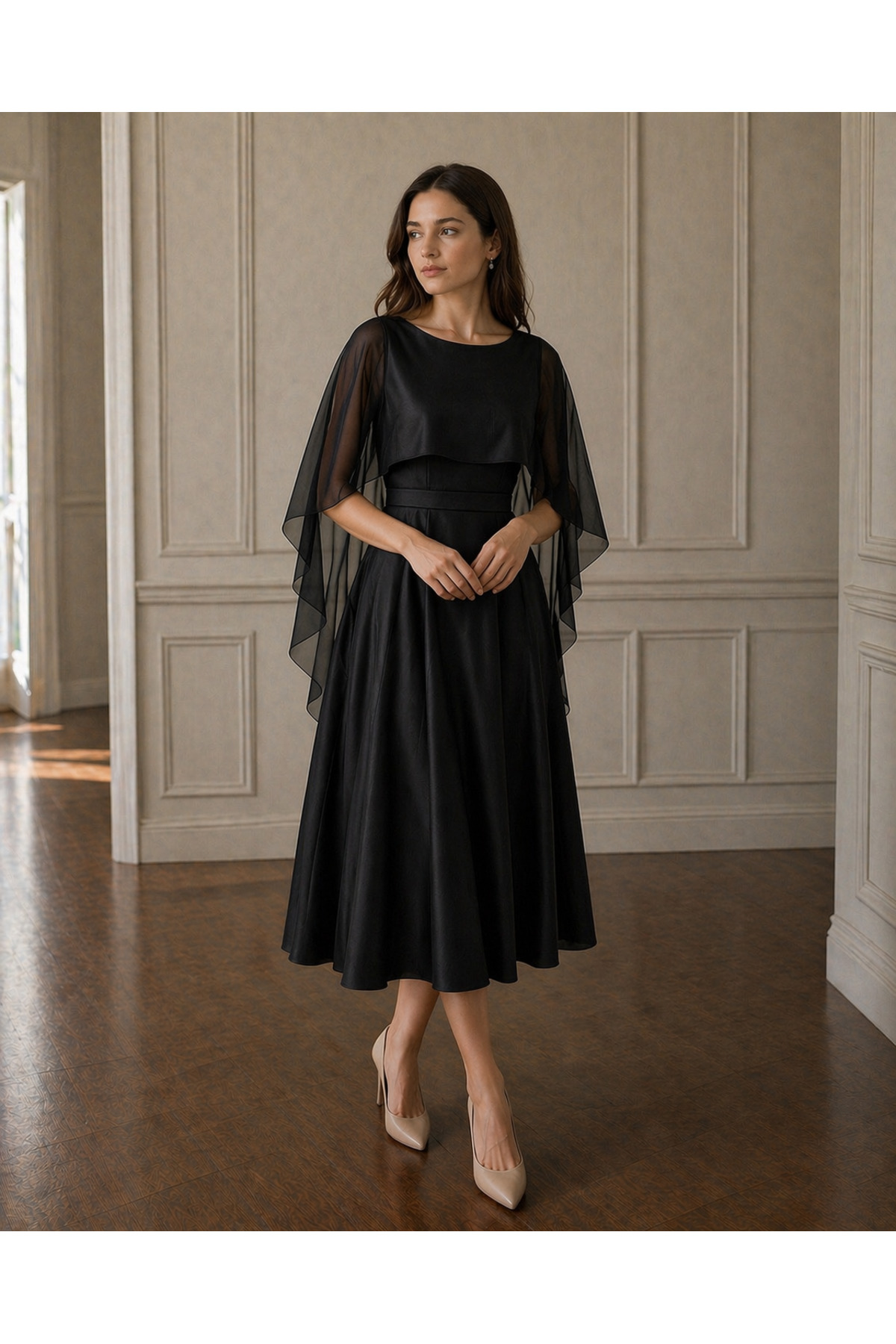 NUR Black Scuba /Crepe Chiffon Cloaked Midi Size Wedding Evening Dress