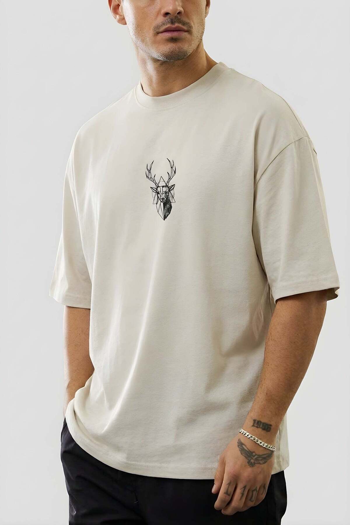 Men's Oversize Loose T-Shirt Deer Printed Stone
