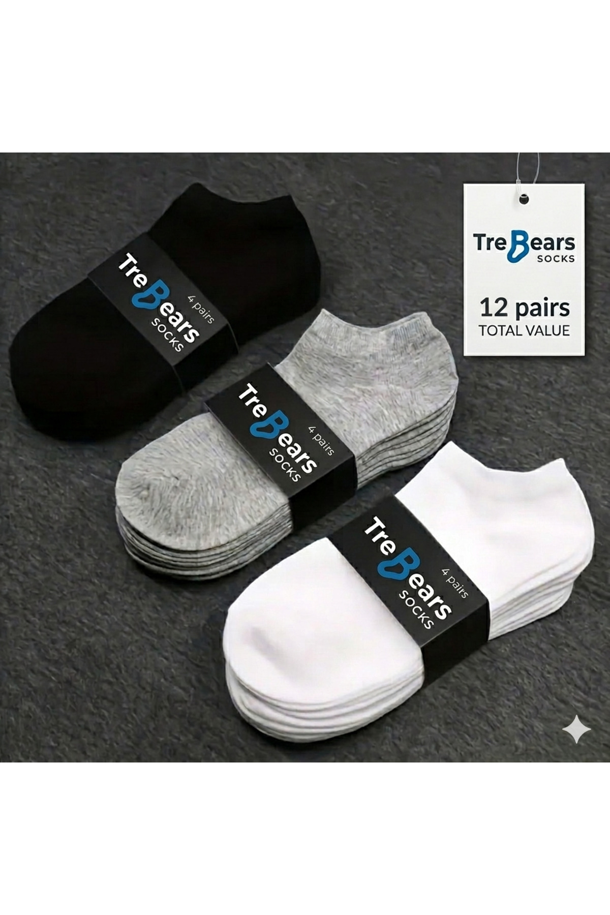 TreBears 12 Çift Unisex Pamuklu Patik Çorap Seti - Siyah, Gri, Beyaz Karışık Ekonomik Paket görsel 4
