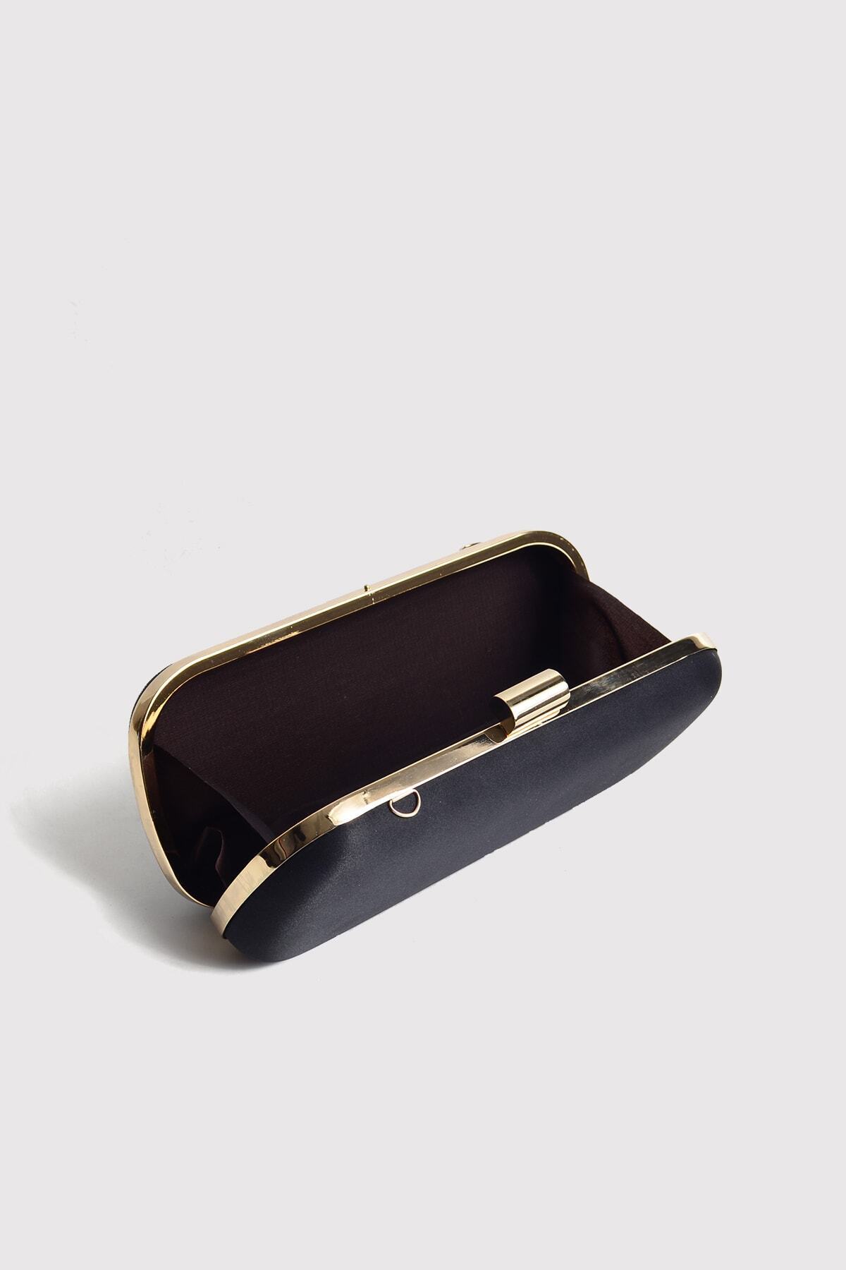Atelier Nord Siyah Kadın Saten Gold Kapaklı Clutch Abiye Çanta görsel 4