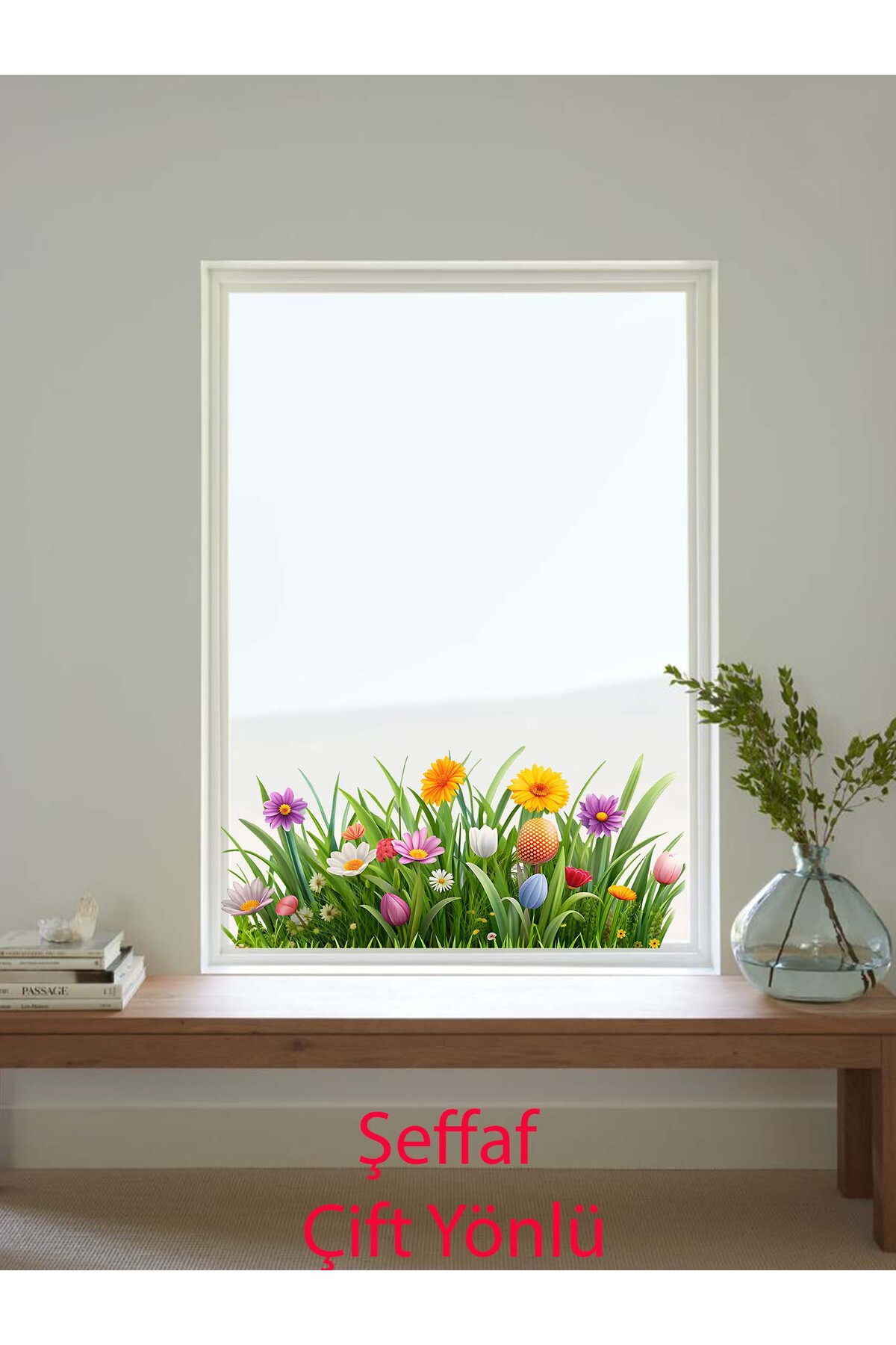 Transparent Duplex, Grass and Flowers, Nursery, Nursery, School Glass, Wall Sticker, 45 x 100 cm
