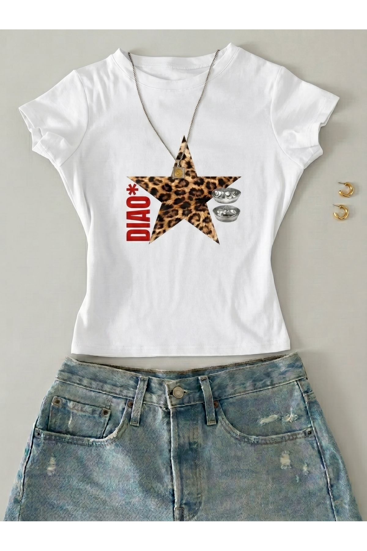 NİCE Kadın Ciao Leopar Yıldız Baskılı - Likralı Kısa Kol Body Tee Crop
