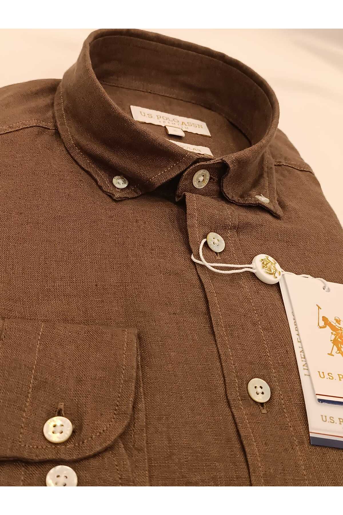 U.S. POLO ASSN ERKEK PREMİUM KETEN KUMAŞ REGULAR KAHVE GÖMLEK — قهوه‌ای 8790 — تصویر 4 از 4