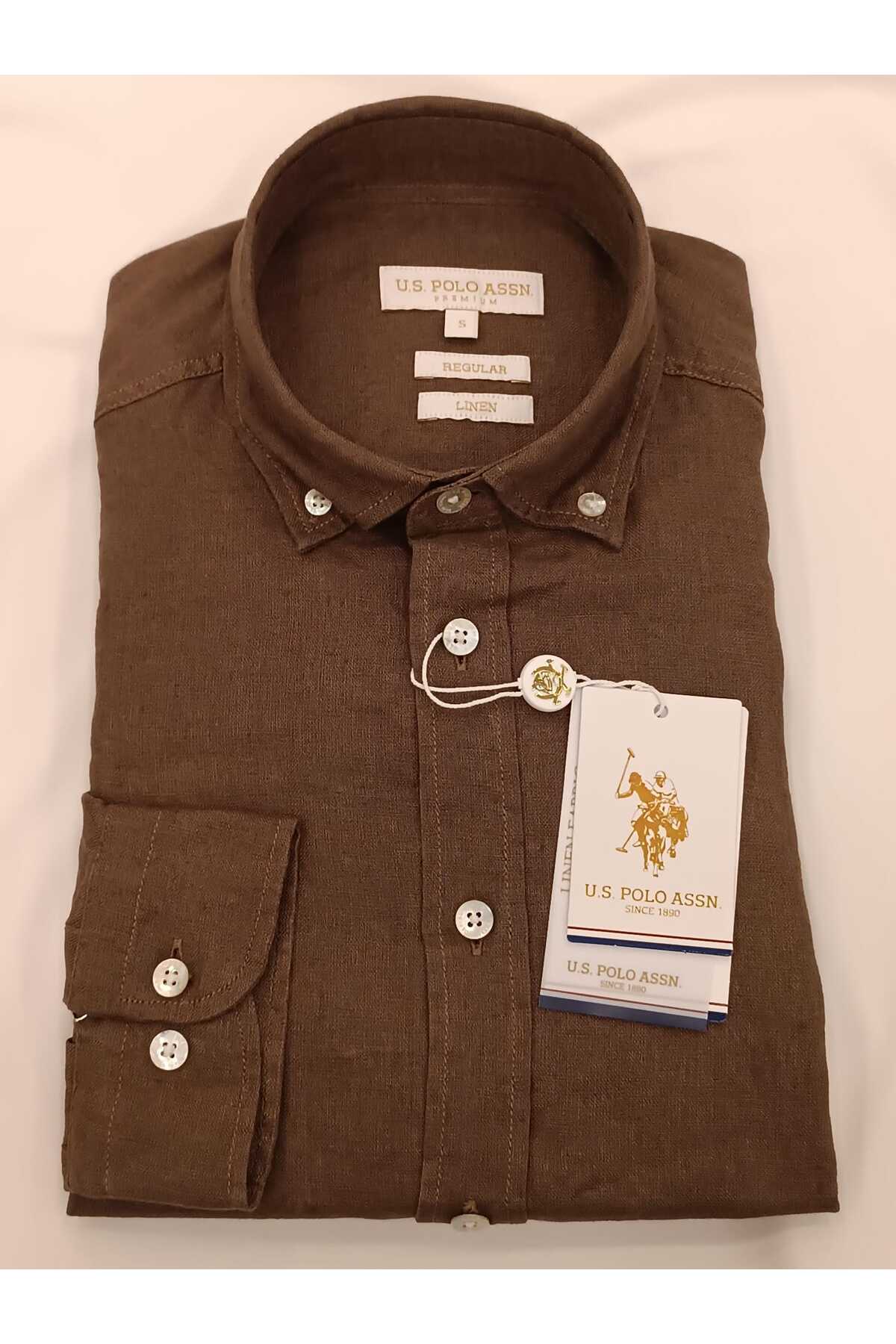 U.S. POLO ASSN ERKEK PREMİUM KETEN KUMAŞ REGULAR KAHVE GÖMLEK — قهوه‌ای 8790 — تصویر 3 از 4
