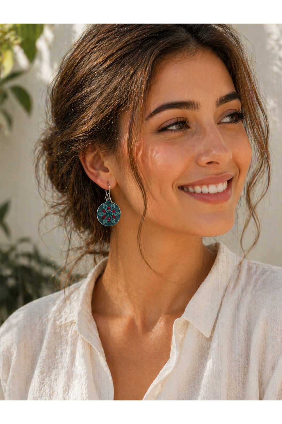 Anatolian Flower Motif Red Green Stone Detailed Ethnic Women's Earrings
