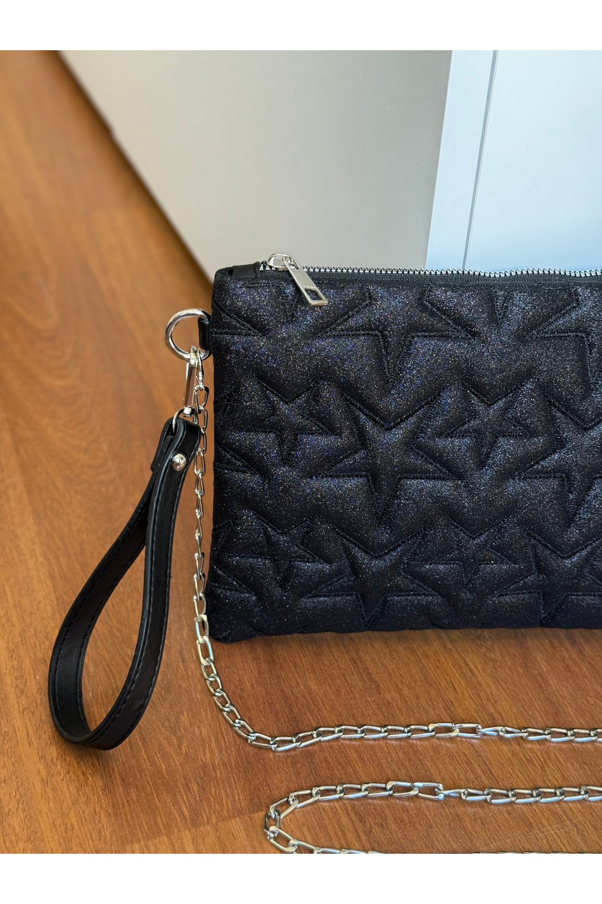 Bagnest Yıldız Nakışlı Zincir Askılı Simli Deri Portföy & Clutch Çanta görsel 3