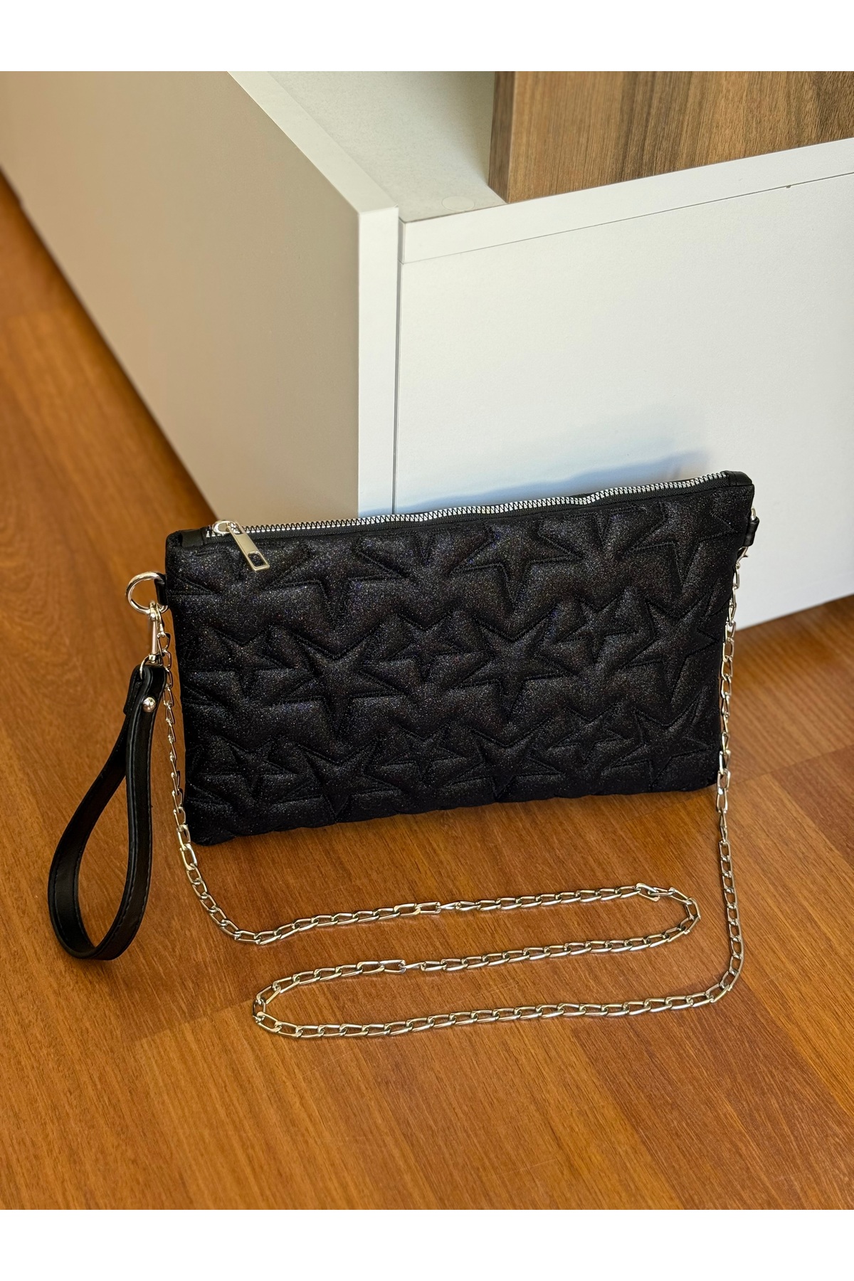 Bagnest Yıldız Nakışlı Zincir Askılı Simli Deri Portföy & Clutch Çanta görsel 4