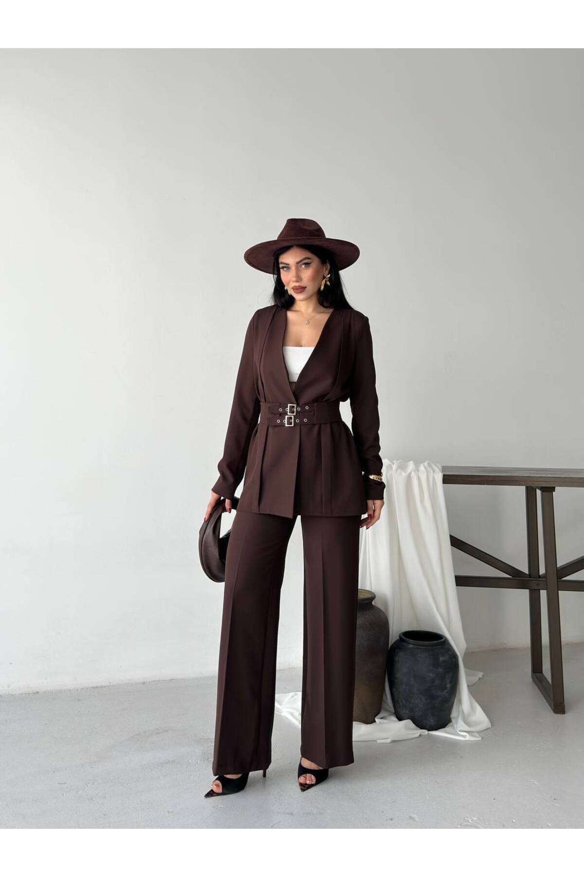 Bella Breeze Women's Pleated Detailed Double Belted Blazer Jacket Pants Double Suit
