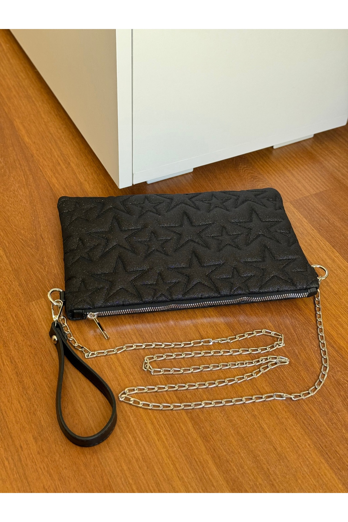 Bagnest Yıldız Nakışlı Zincir Askılı Simli Deri Portföy & Clutch Çanta görsel 5