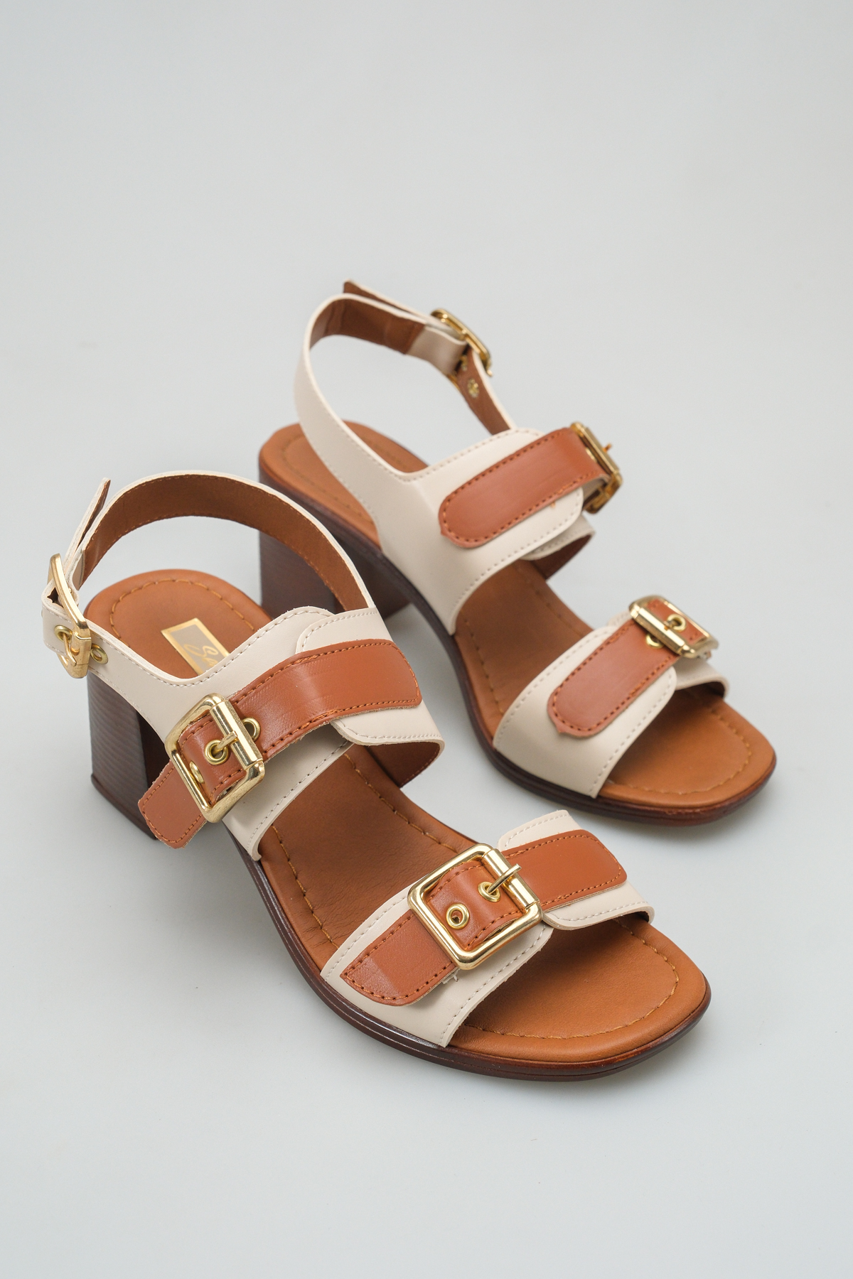 S600 Double Band and Gold Color Metal Buckle Thick Heel Sandals Stylish Women's Shoes