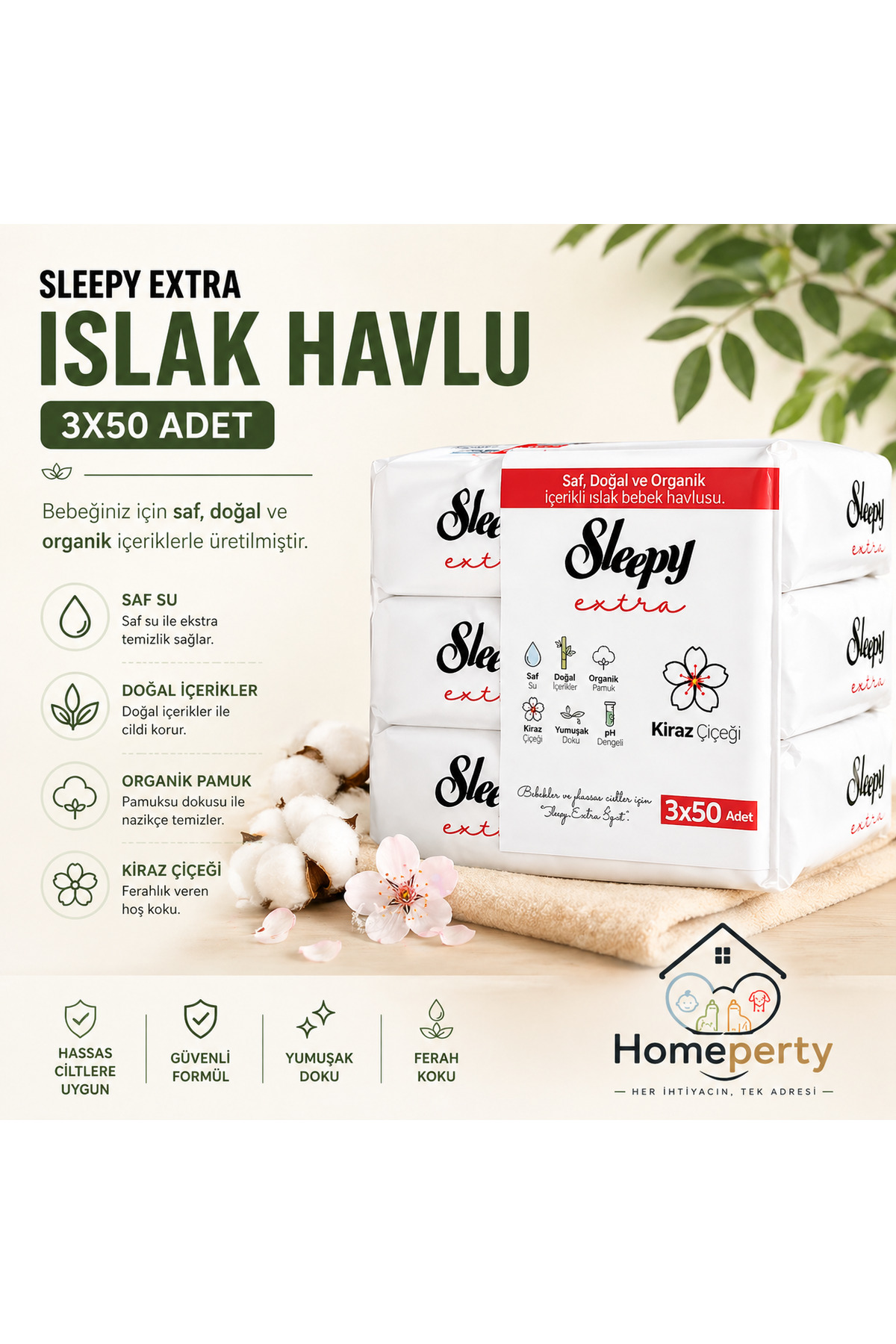Sleepy Extra Islak Havlu 3x50 Adet Kiraz Çiçeği Bebek Islak Mendil