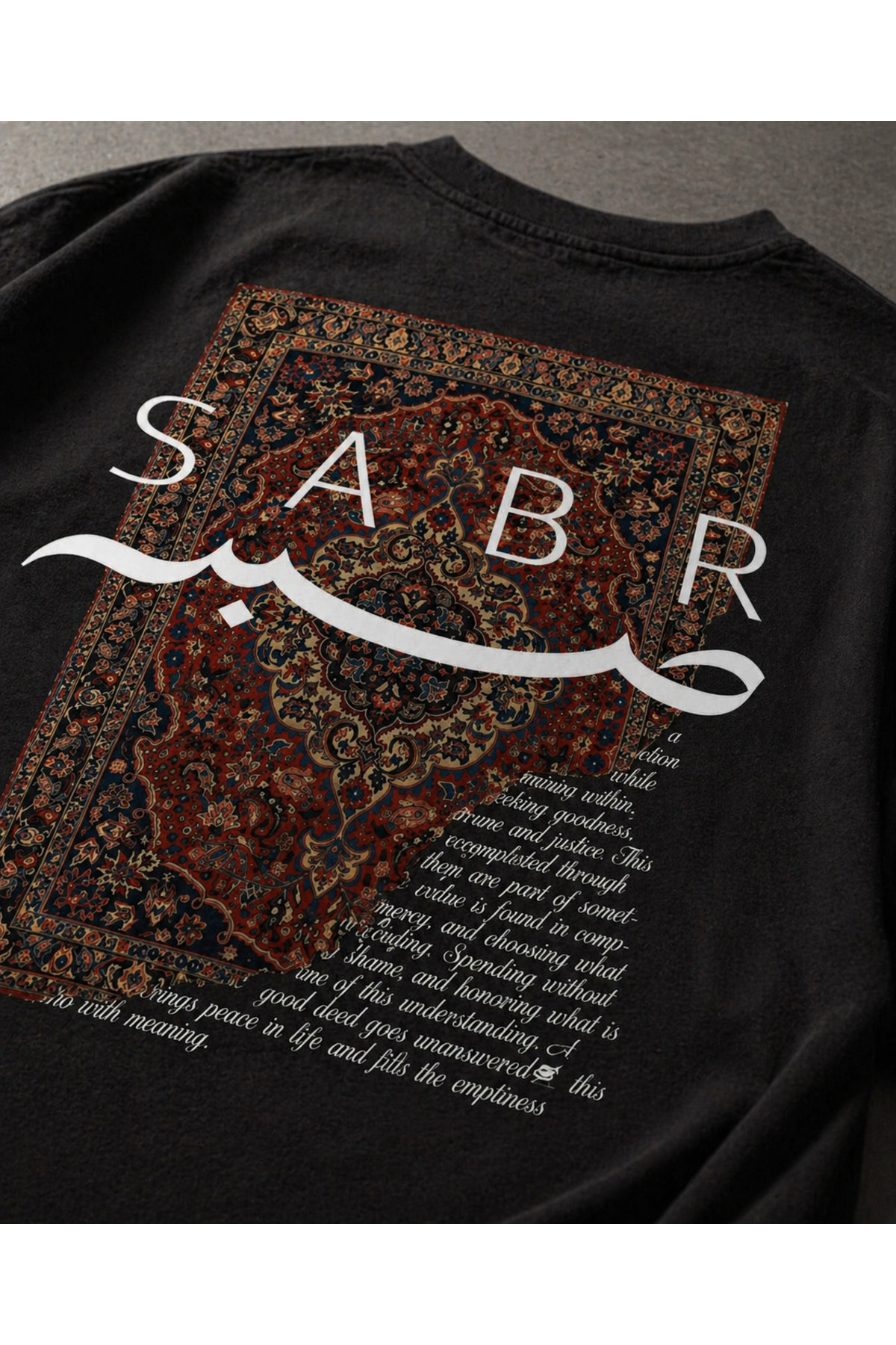 YOLO STREET Oversize Siyah Tişört Sabr Halı Desenli Arka Baskı Unisex Pamuk Streetwear görsel 3