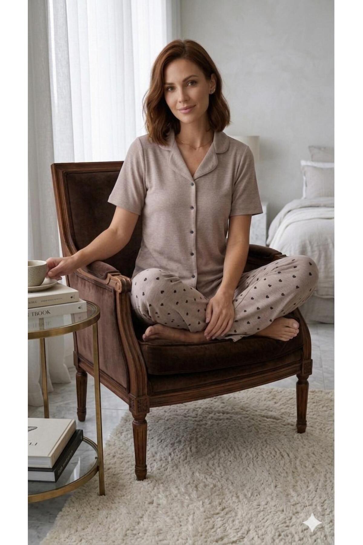 FAMES PİJAMA Summer Shirt Collar Buttoned Women's Pajama Set