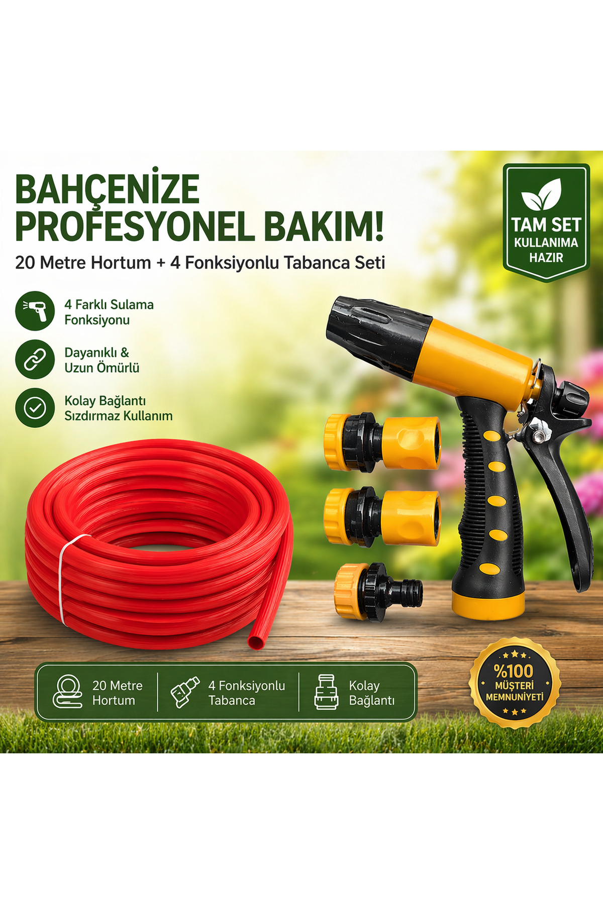 Toptancı Amca 25 metre bahçe hortumu silikonlu özel yapılı + sulama tabancası seti hediye