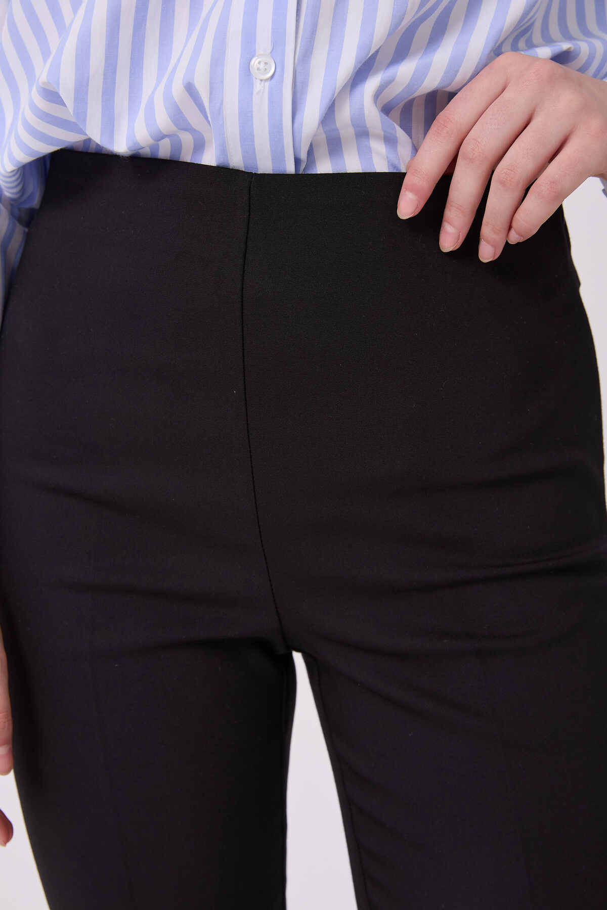 WOMEN'S HIGH WAIST PULL UP FLARE TROUSERS - ELASTIC WAIST ELASTIC HIDDEN ZIPPER BLACK FABRIC TROUSERS