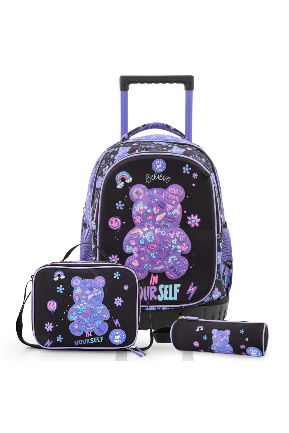 Eazy Kids 18” Trolley School Bag Set of 4– Trolley Backpack, Lunch Bag, Penci...
