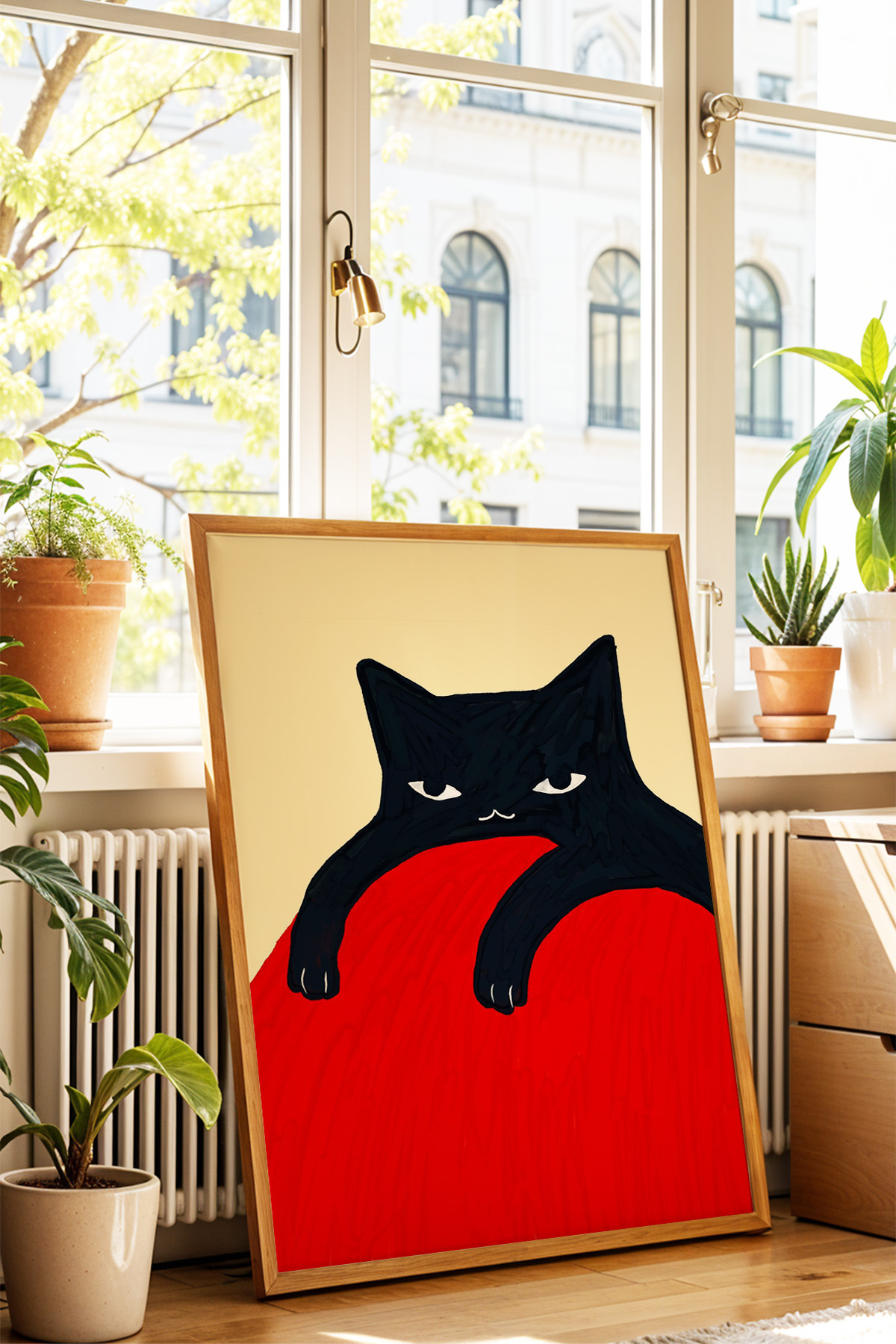 Siyah Kedi Tablo Poster Kırmızı Zemin Modern Sanat Duvar Dekoru Çerçevesiz
