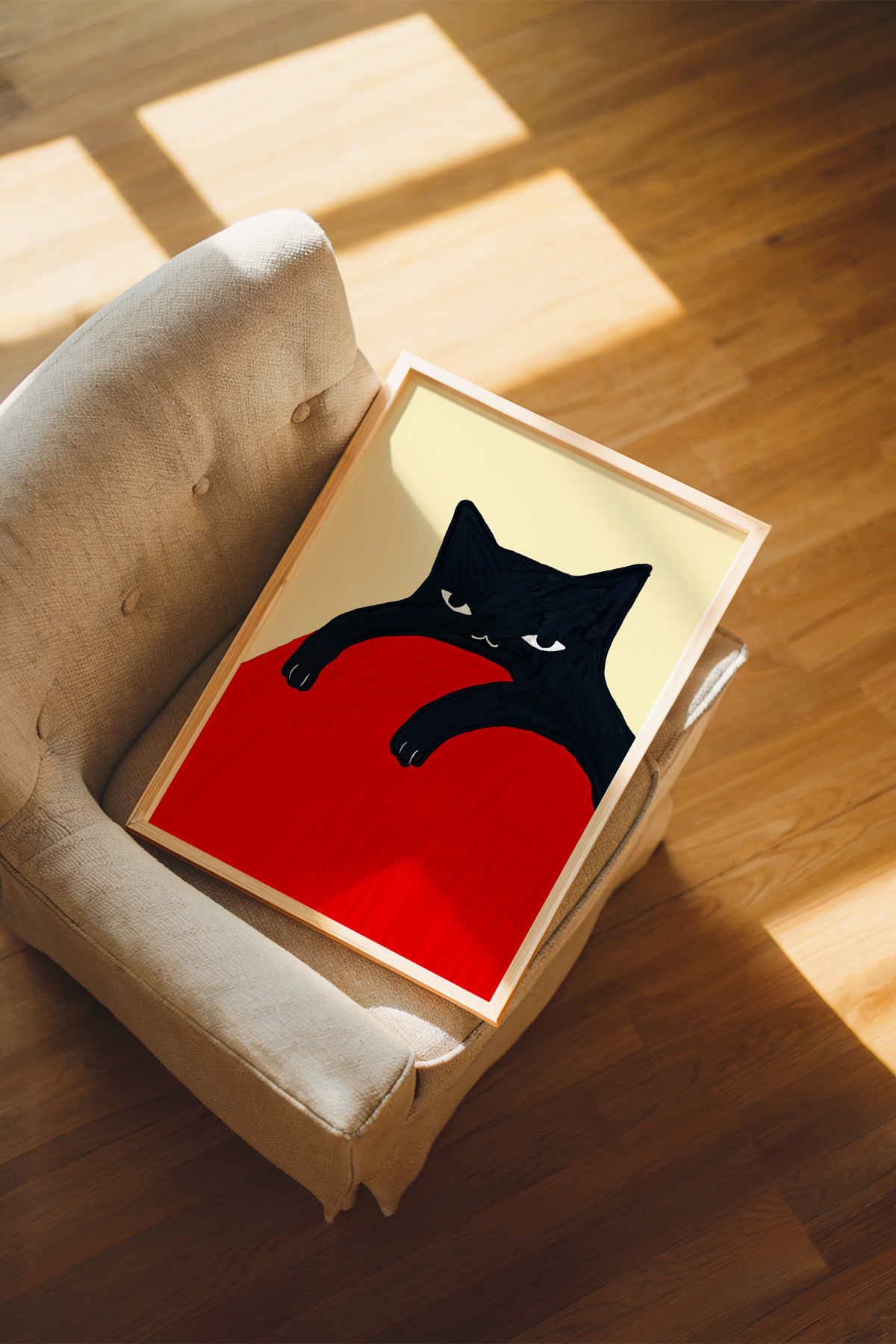 Siyah Kedi Tablo Poster Kırmızı Zemin Modern Sanat Duvar Dekoru Çerçevesiz