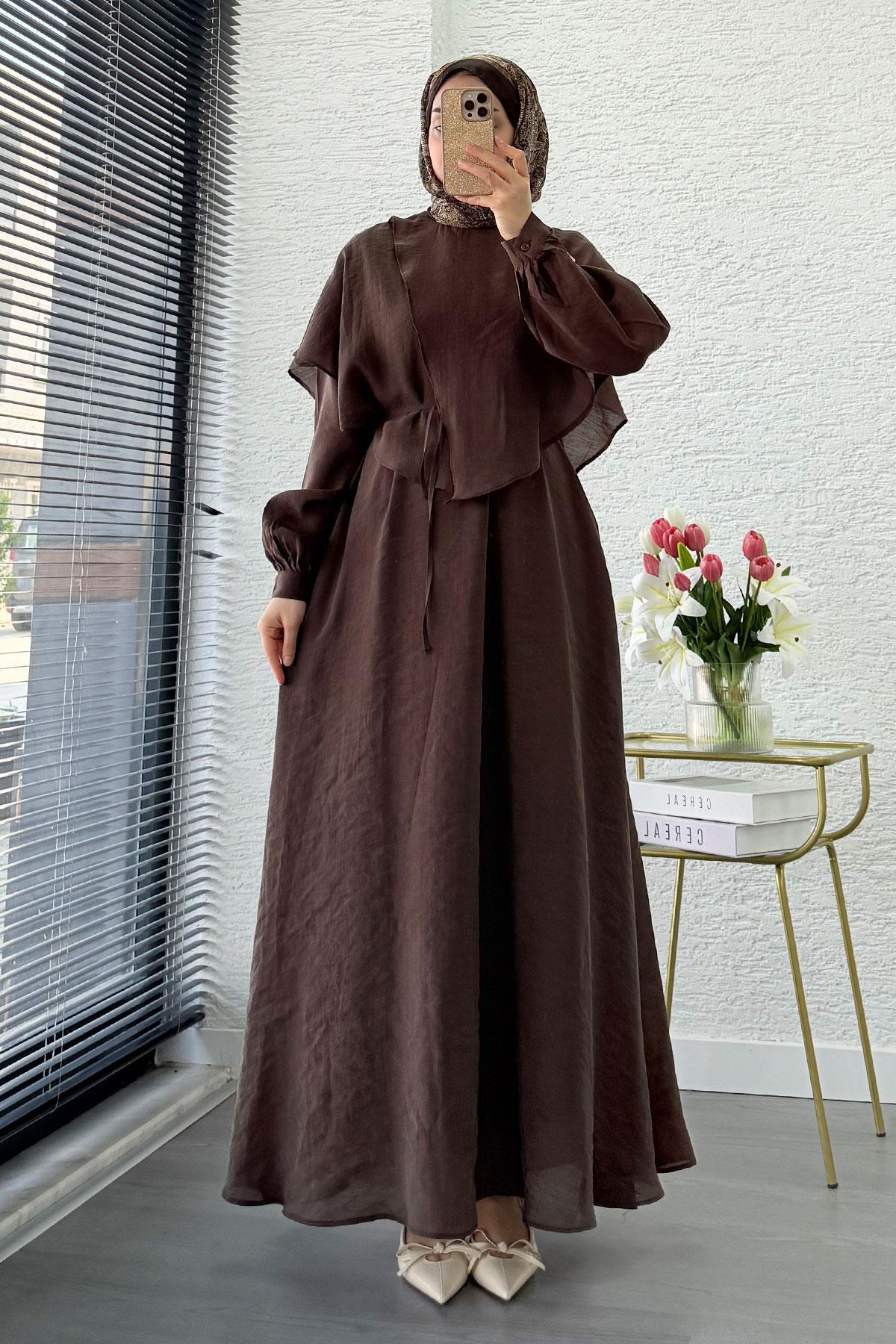 MELEK ARAZ Premium Cape Detail Elina Voile Dress – Brown