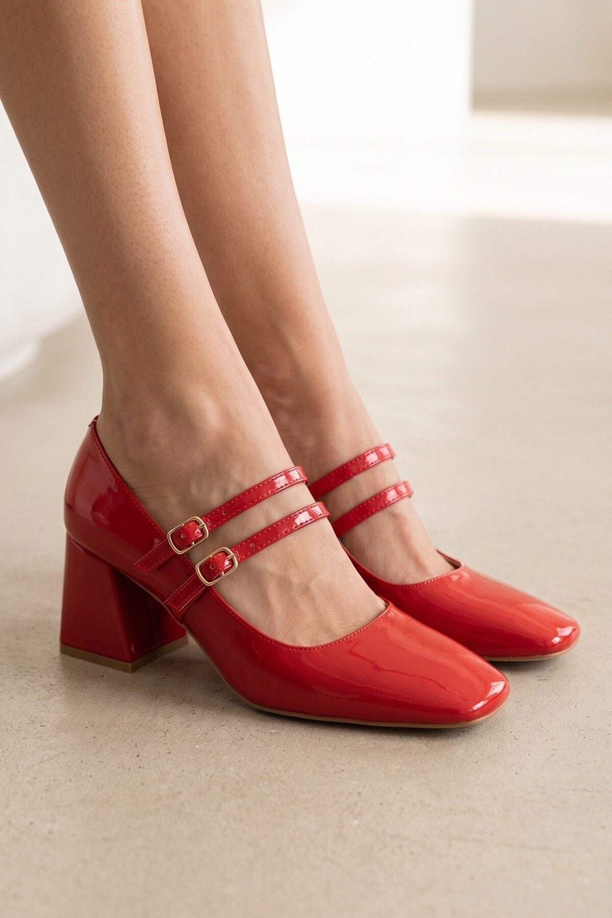 Shiny Red Patent Mary Jane Shoes Double Strap Thick Heels Butt Toe Shoes Culia