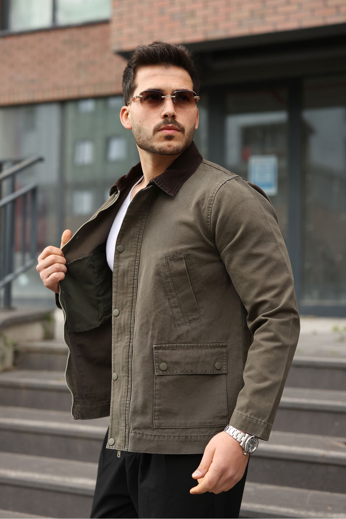 LTC Jeans Erkek Haki Garni Yaka Spor Canvas Mont