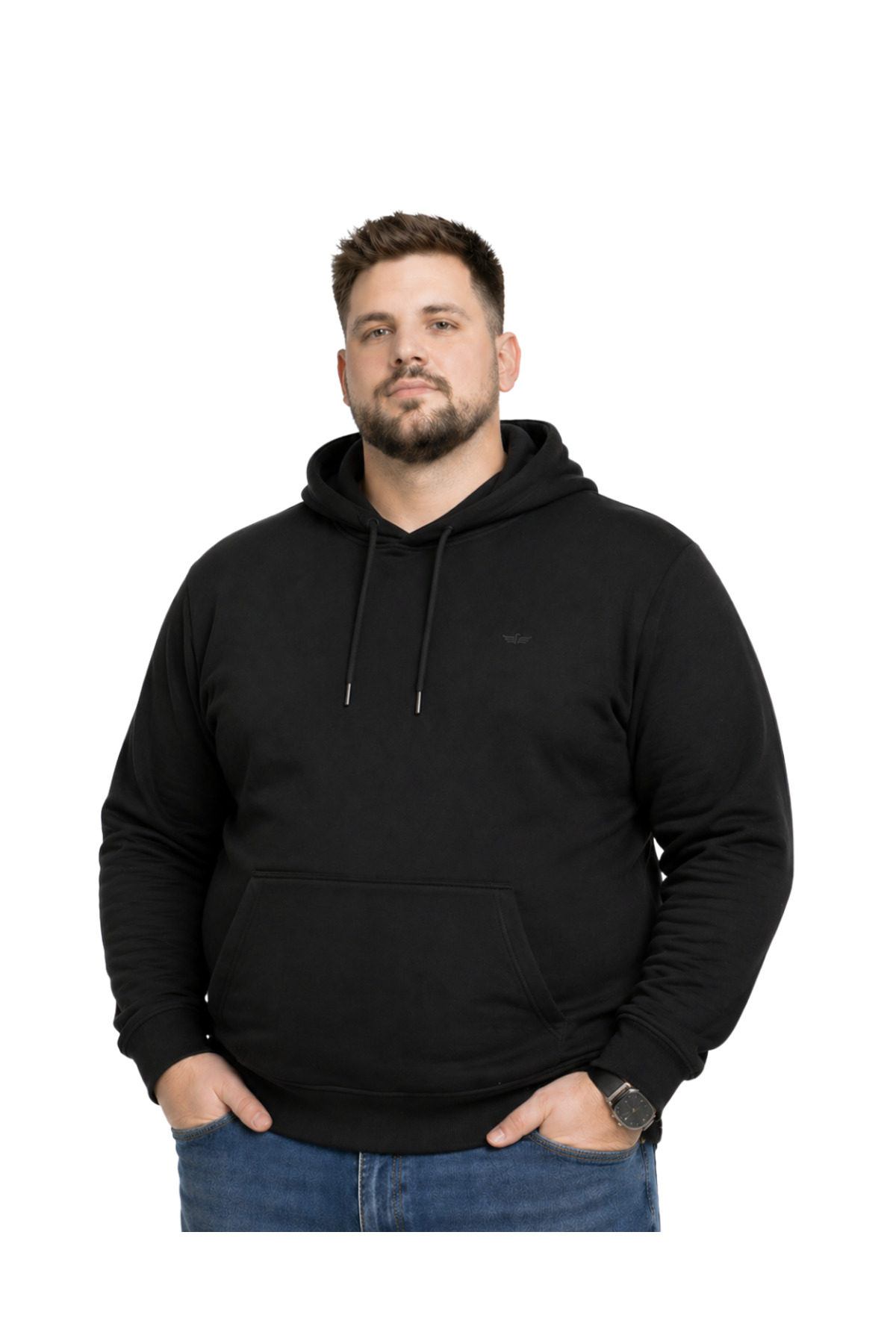 BattalModa Erkek Büyük Beden Siyah İki İplik Kapüşonlu Sweatshirt 3XL-4XL-5XL-6XL