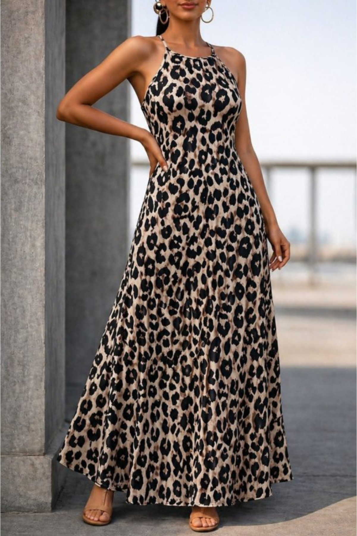 Kokosh moda  Kadın İp Askılı Halter Yaka Desenli Uzun Süprem Elbise - Görsel 2