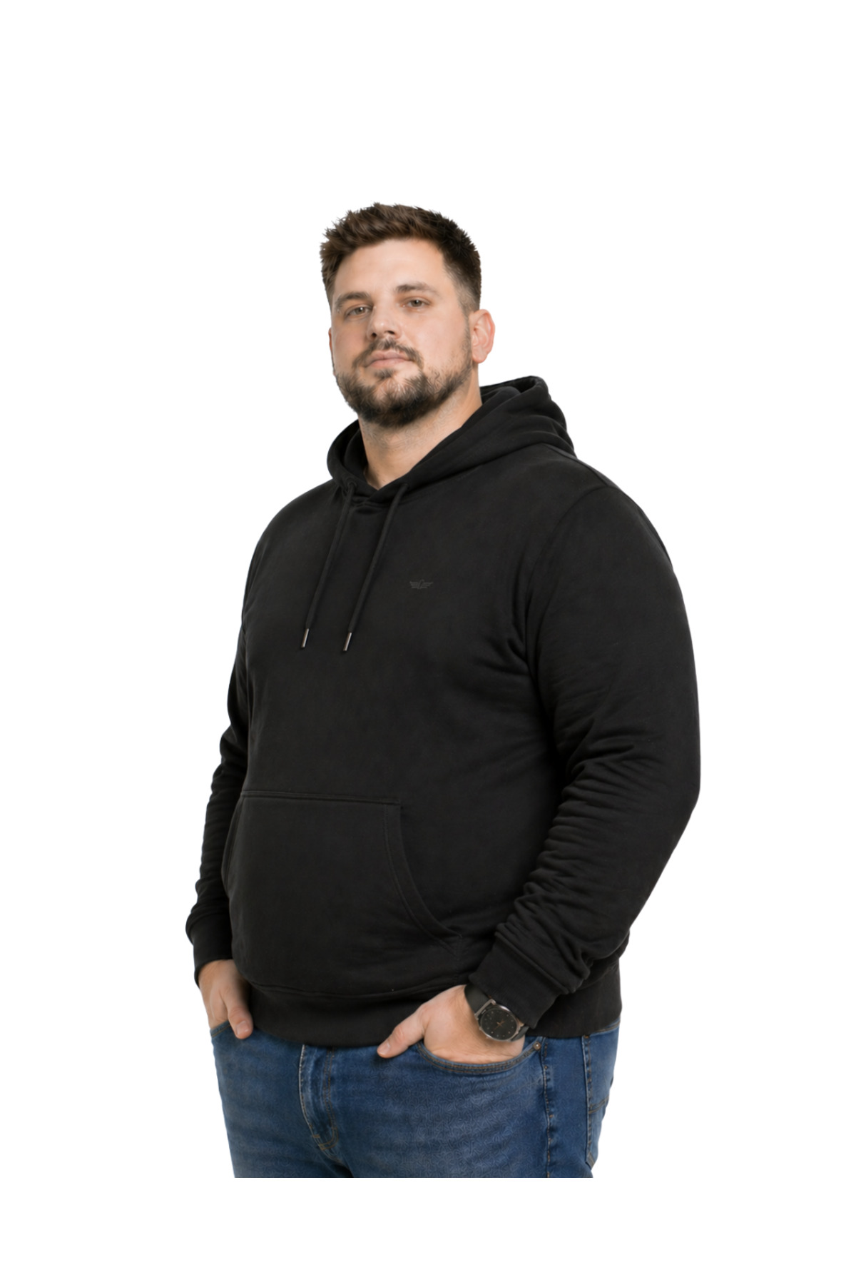 BattalModa Erkek Büyük Beden Siyah İki İplik Kapüşonlu Sweatshirt 3XL-4XL-5XL-6XL görsel 2